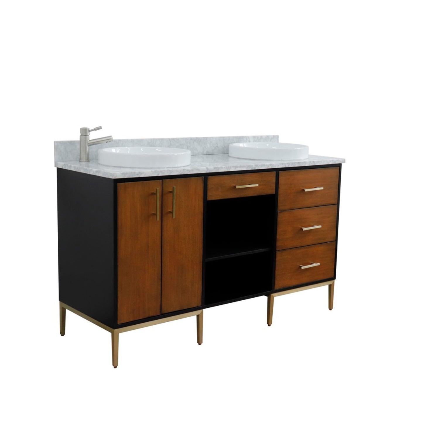 61" Double sink vanity in Walnut and Black finish and White Carrara marble and round sink