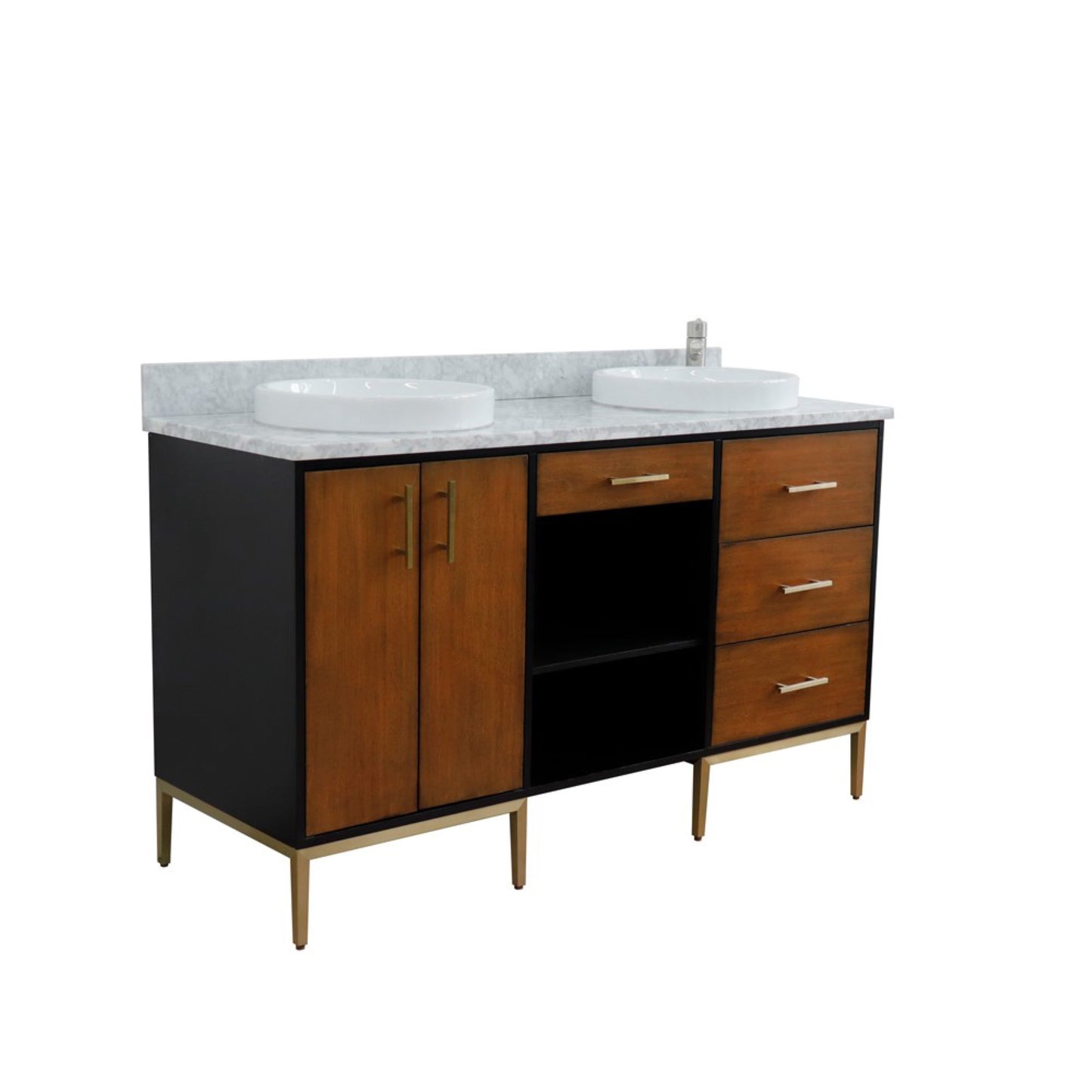 61" Double sink vanity in Walnut and Black finish and White Carrara marble and round sink