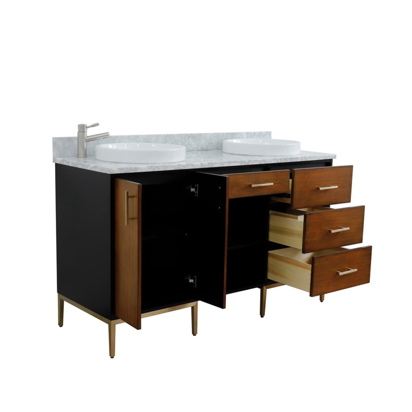 61" Double sink vanity in Walnut and Black finish and White Carrara marble and round sink