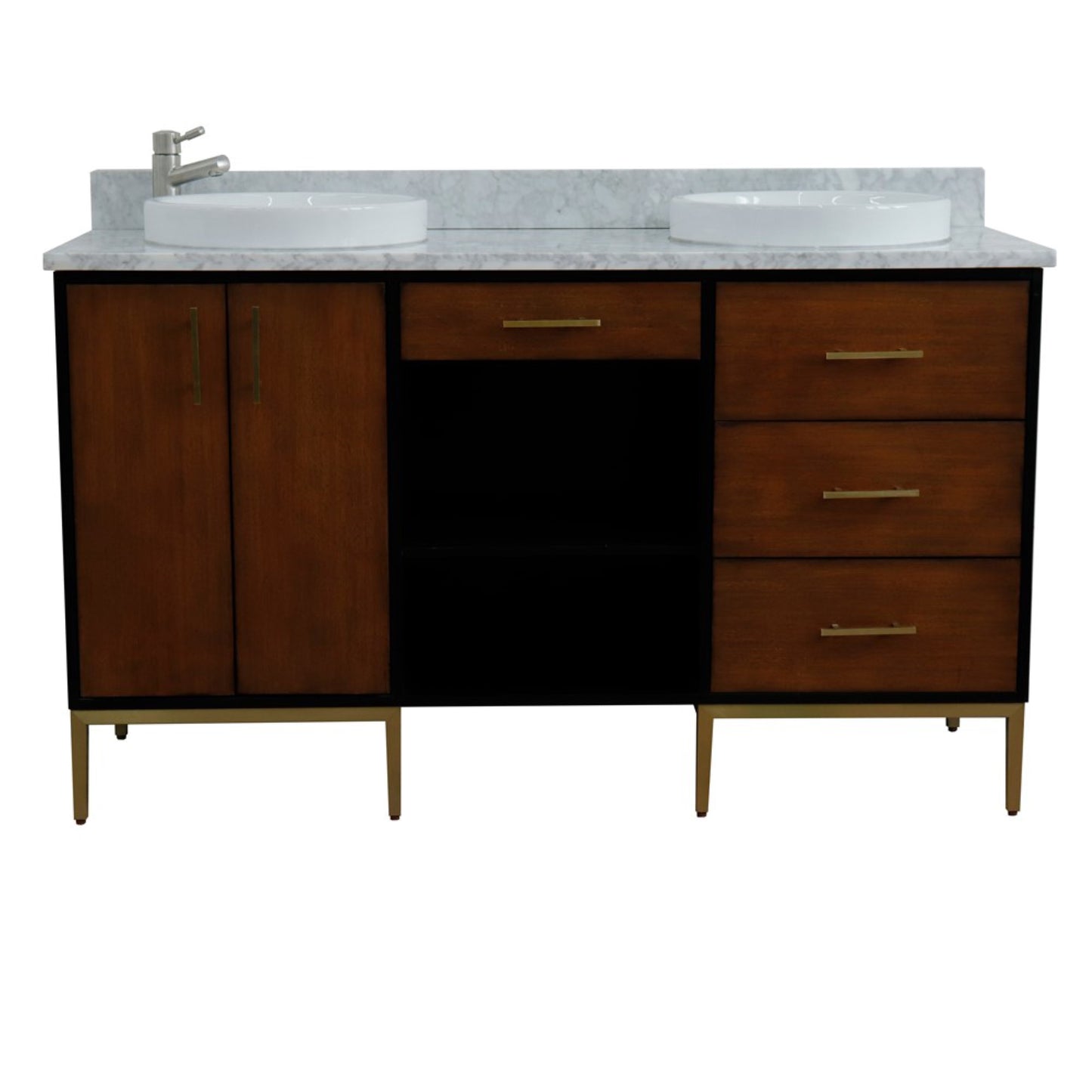 61" Double sink vanity in Walnut and Black finish and White Carrara marble and round sink