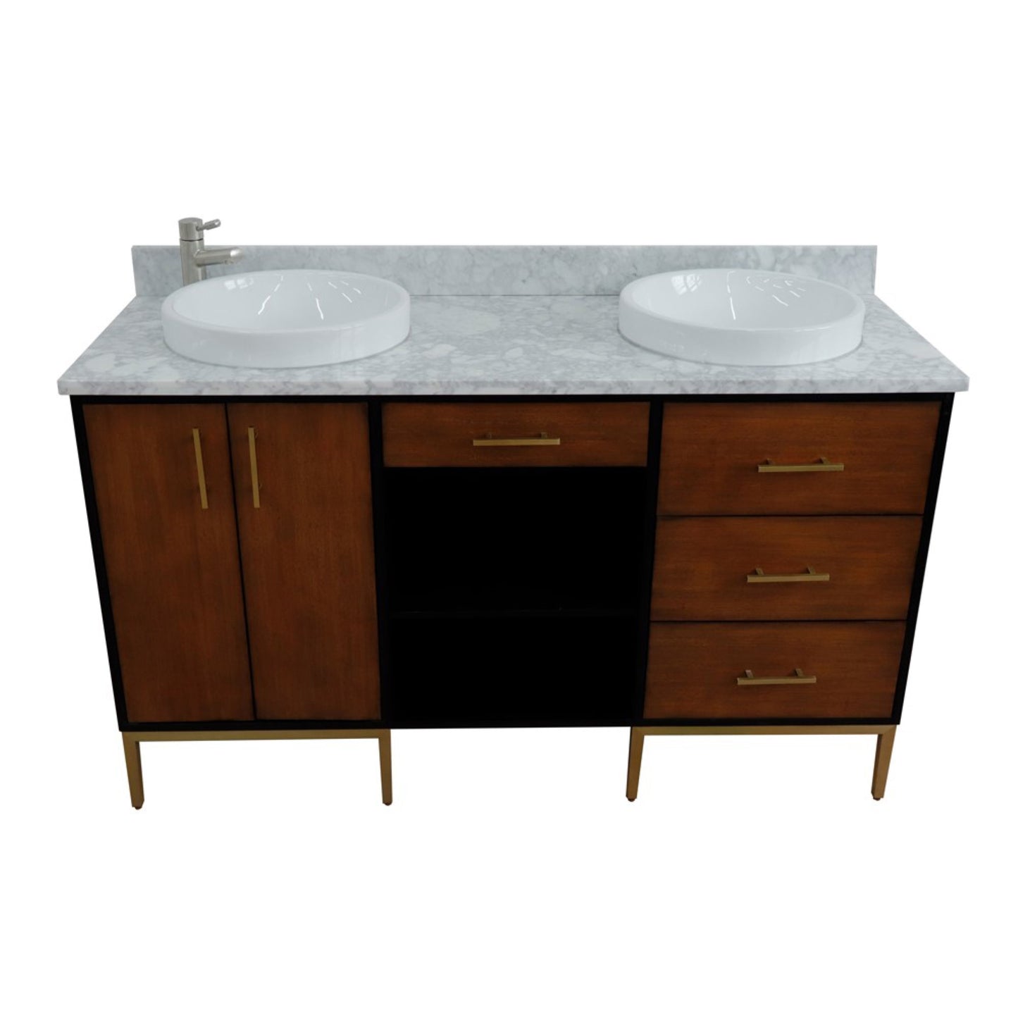 61" Double sink vanity in Walnut and Black finish and White Carrara marble and round sink