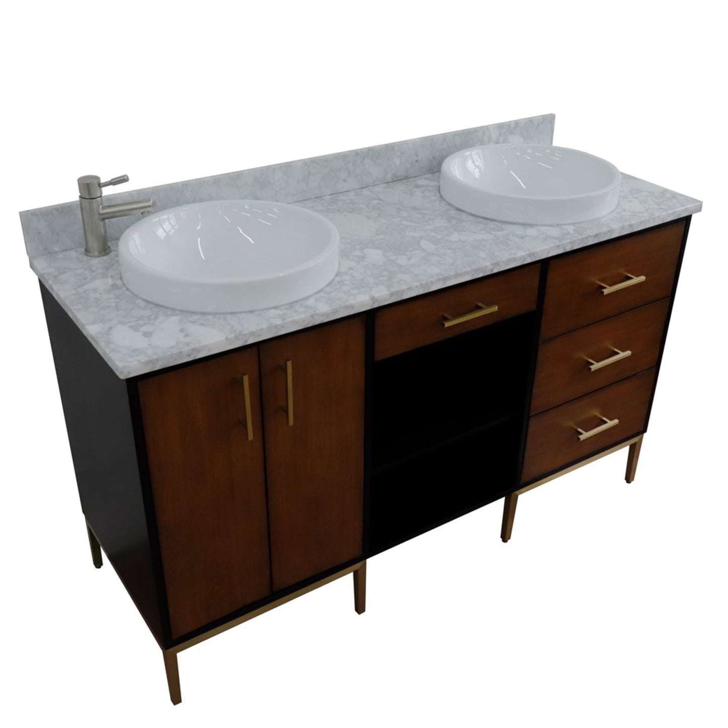 61" Double sink vanity in Walnut and Black finish and White Carrara marble and round sink