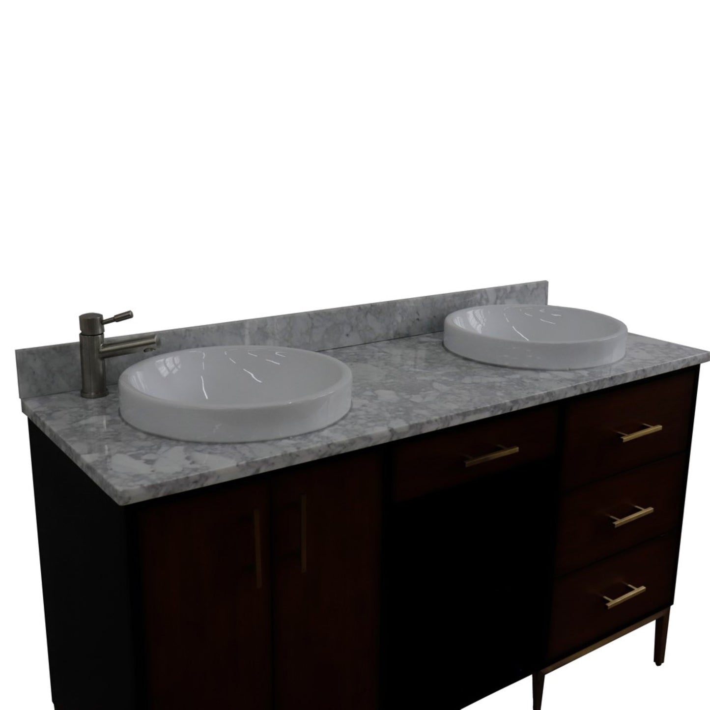 61" Double sink vanity in Walnut and Black finish and White Carrara marble and round sink
