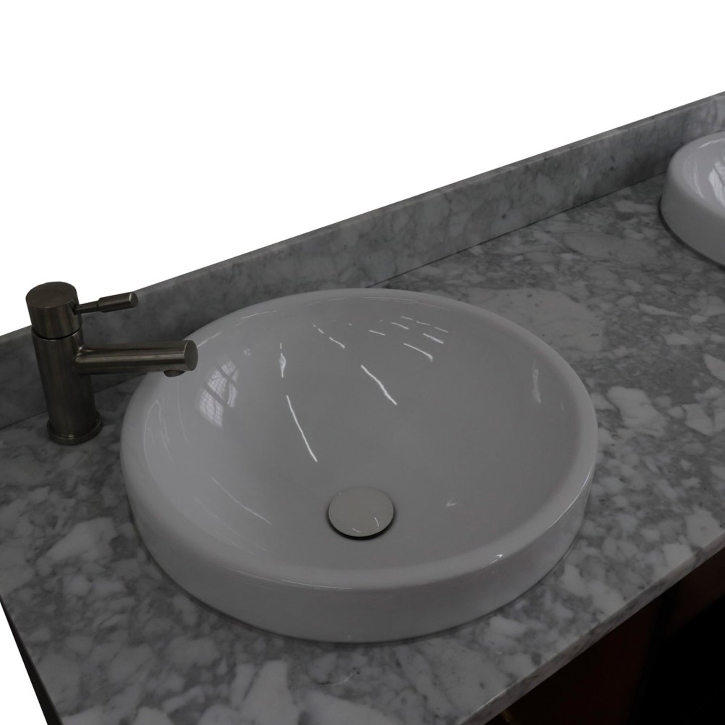 61" Double sink vanity in Walnut and Black finish and White Carrara marble and round sink