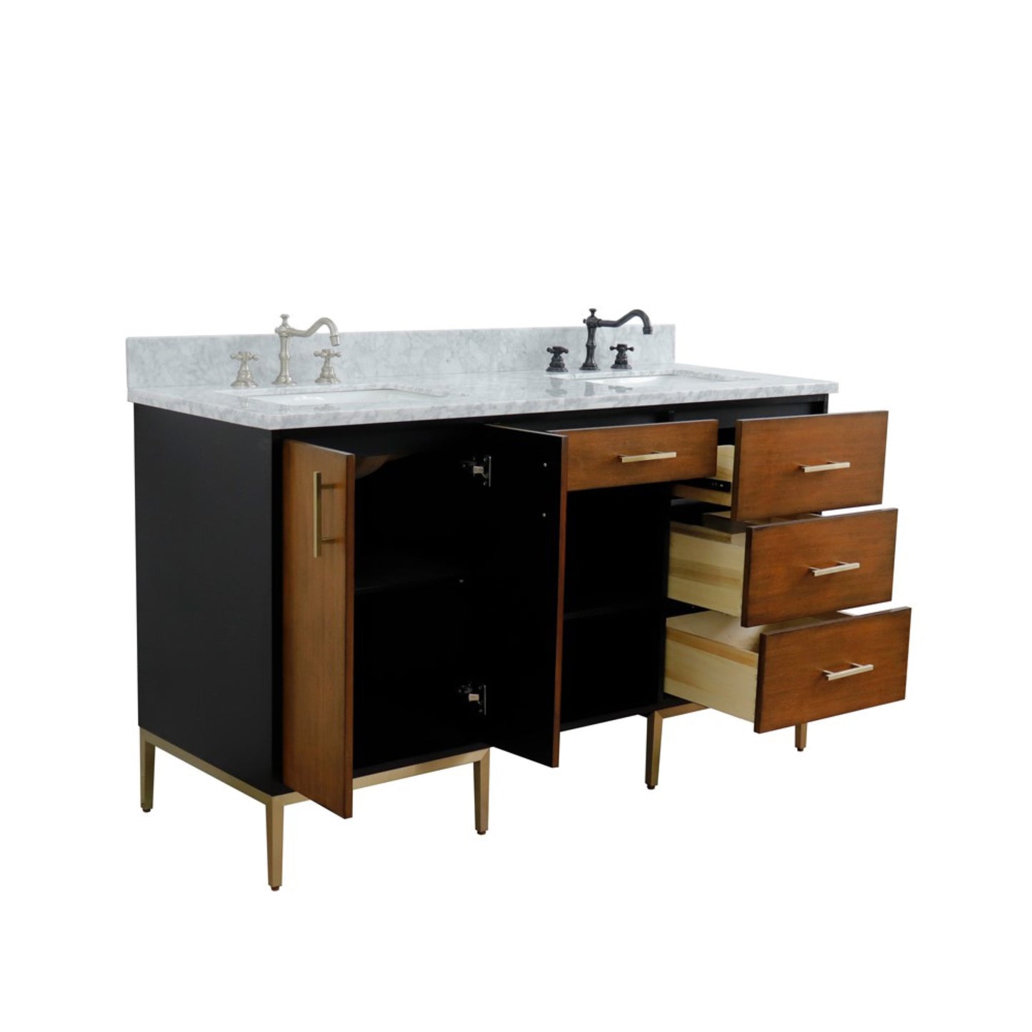 61" Double sink vanity in Walnut and Black finish and White Carrara marble and rectangle sink