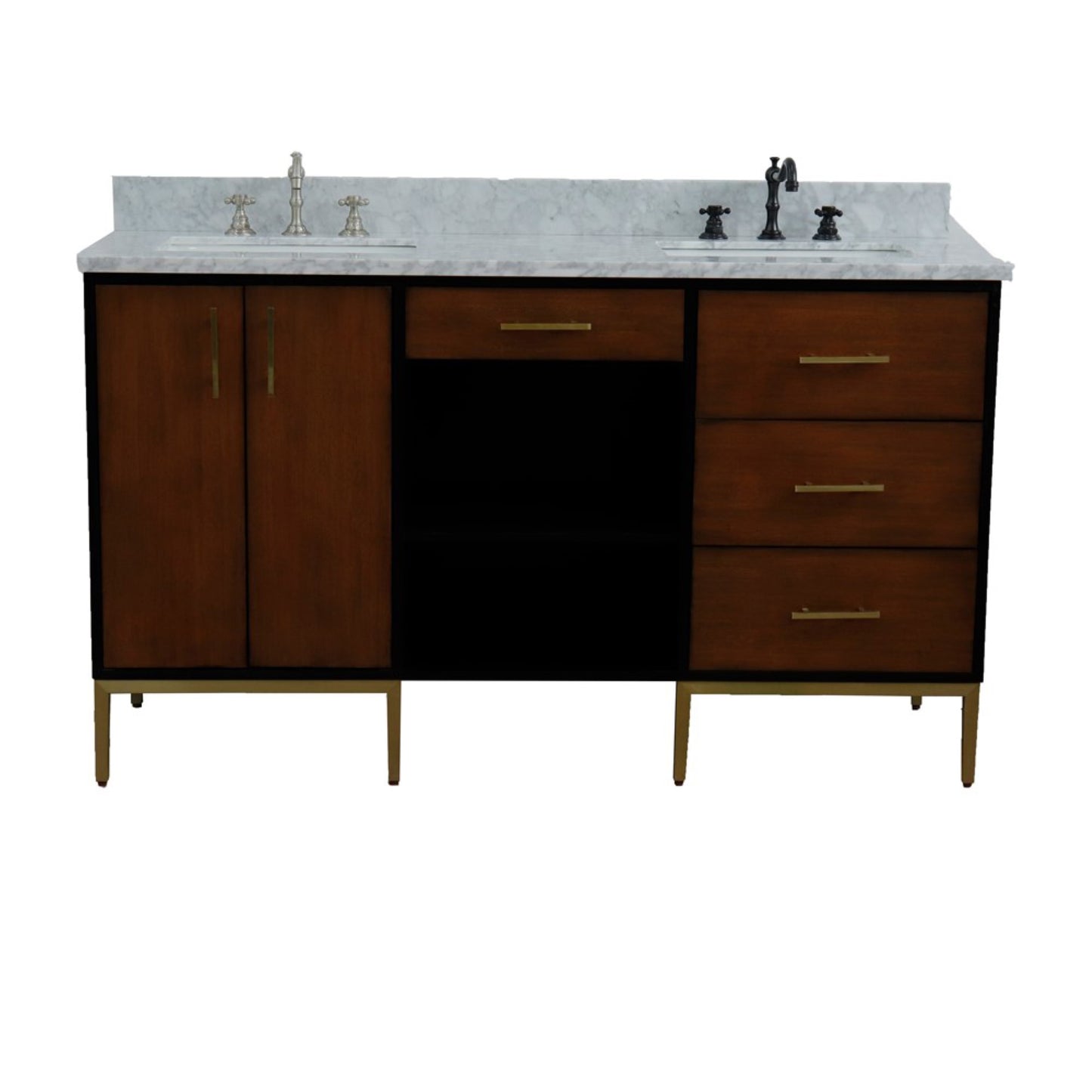 61" Double sink vanity in Walnut and Black finish and White Carrara marble and rectangle sink