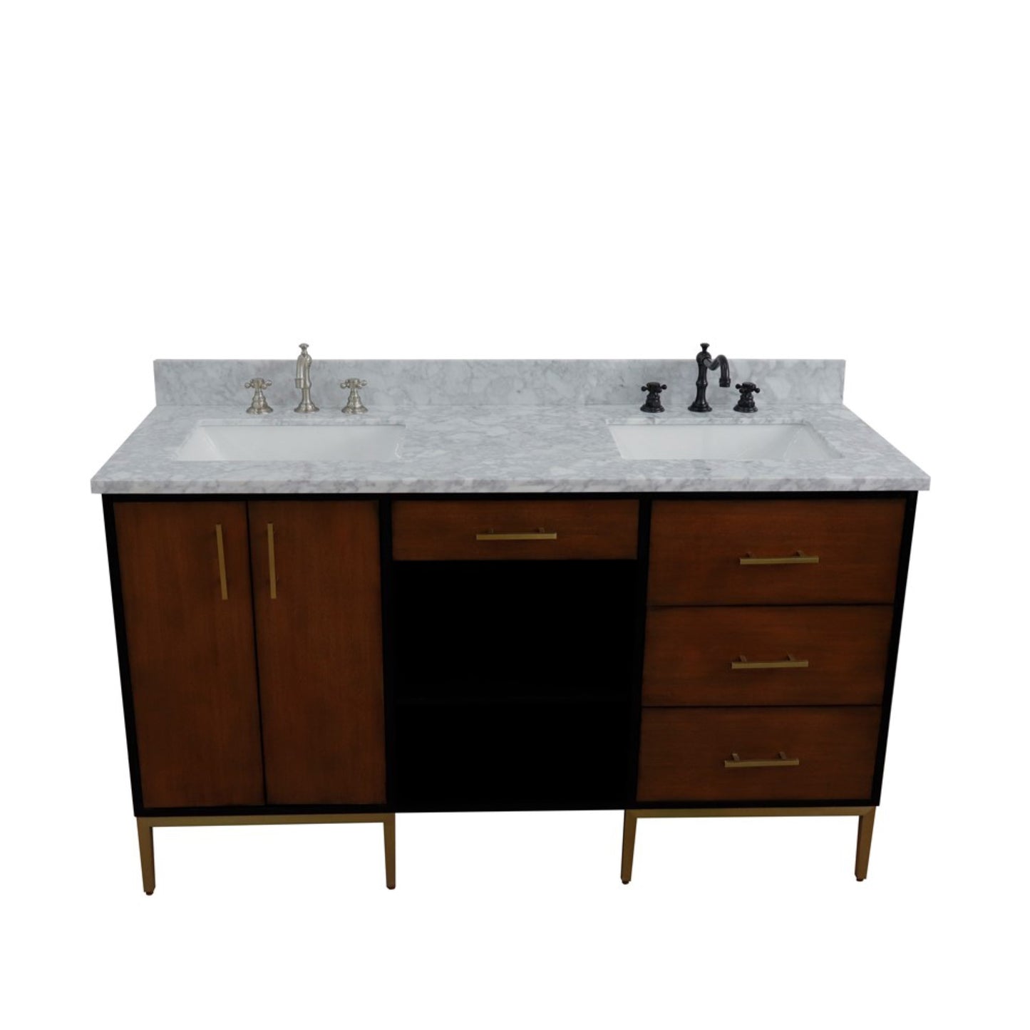 61" Double sink vanity in Walnut and Black finish and White Carrara marble and rectangle sink