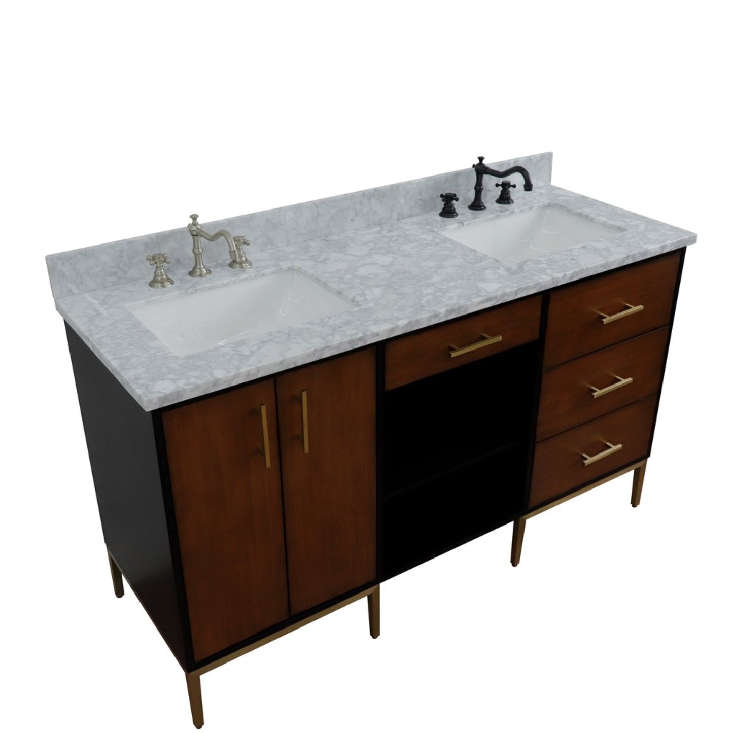 61" Double sink vanity in Walnut and Black finish and White Carrara marble and rectangle sink