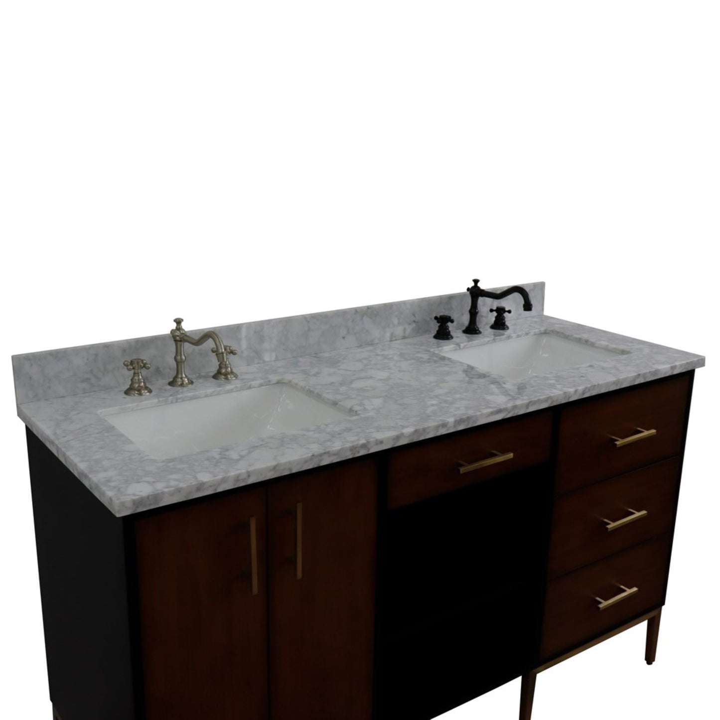 61" Double sink vanity in Walnut and Black finish and White Carrara marble and rectangle sink