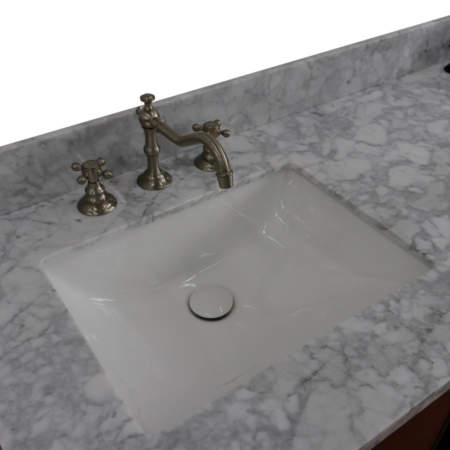 61" Double sink vanity in Walnut and Black finish and White Carrara marble and rectangle sink