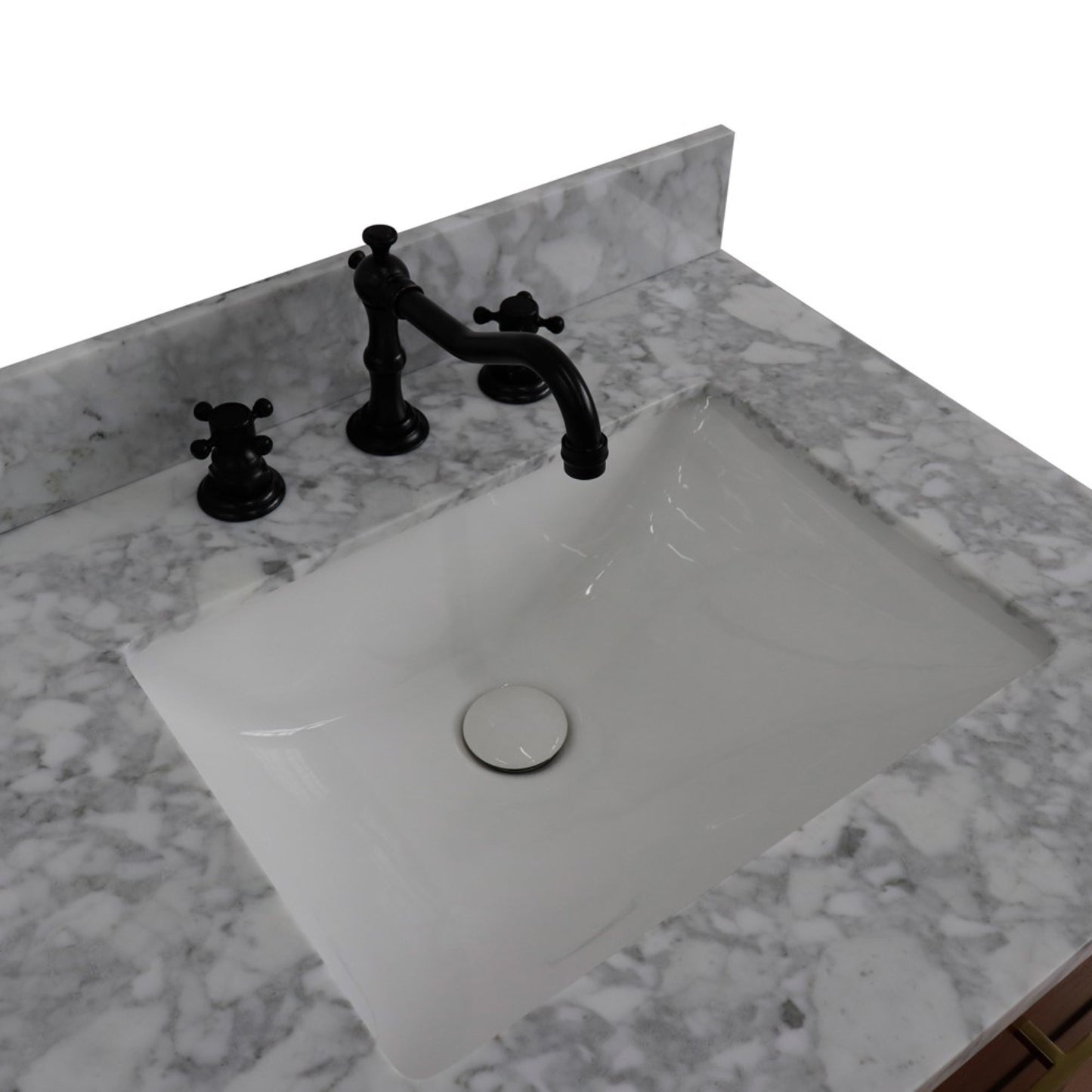 61" Double sink vanity in Walnut and Black finish and White Carrara marble and rectangle sink
