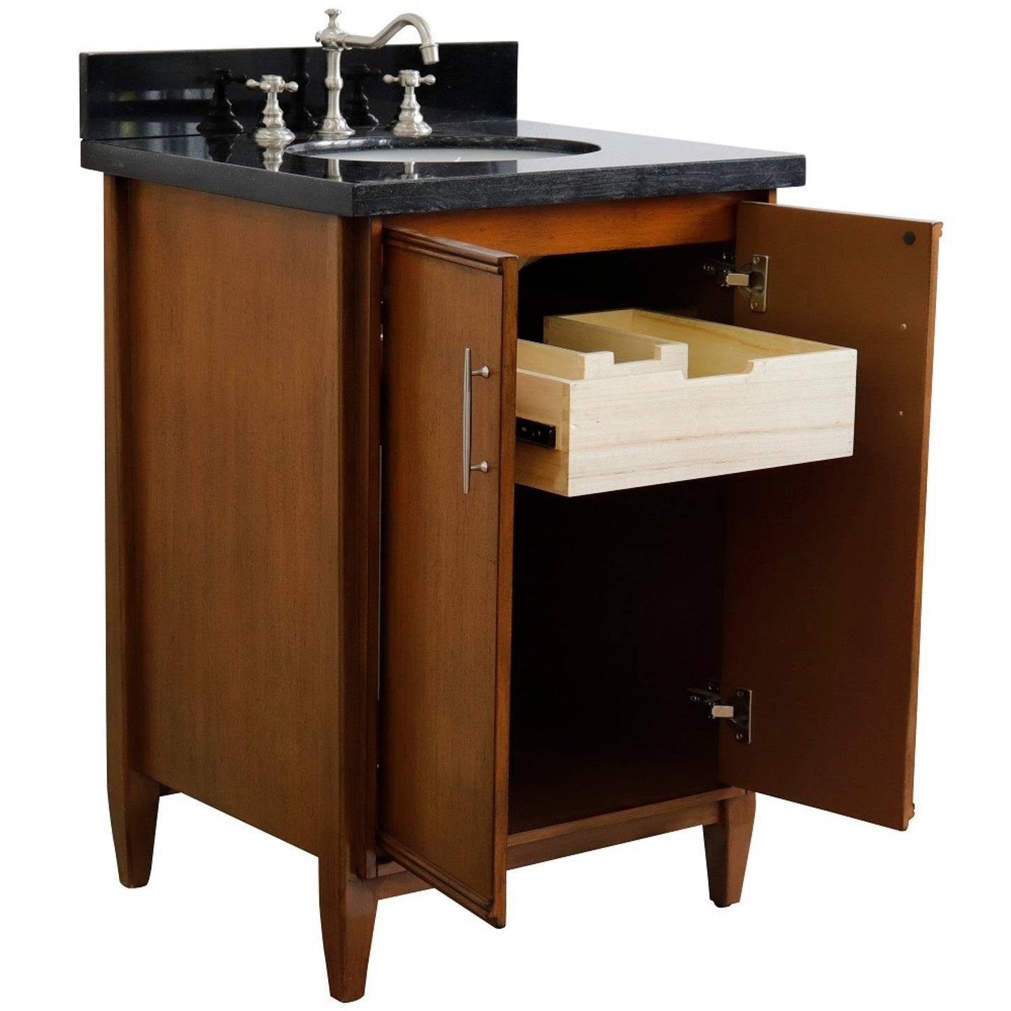 25" Single sink vanity in Walnut finish with Black galaxy granite and oval sink