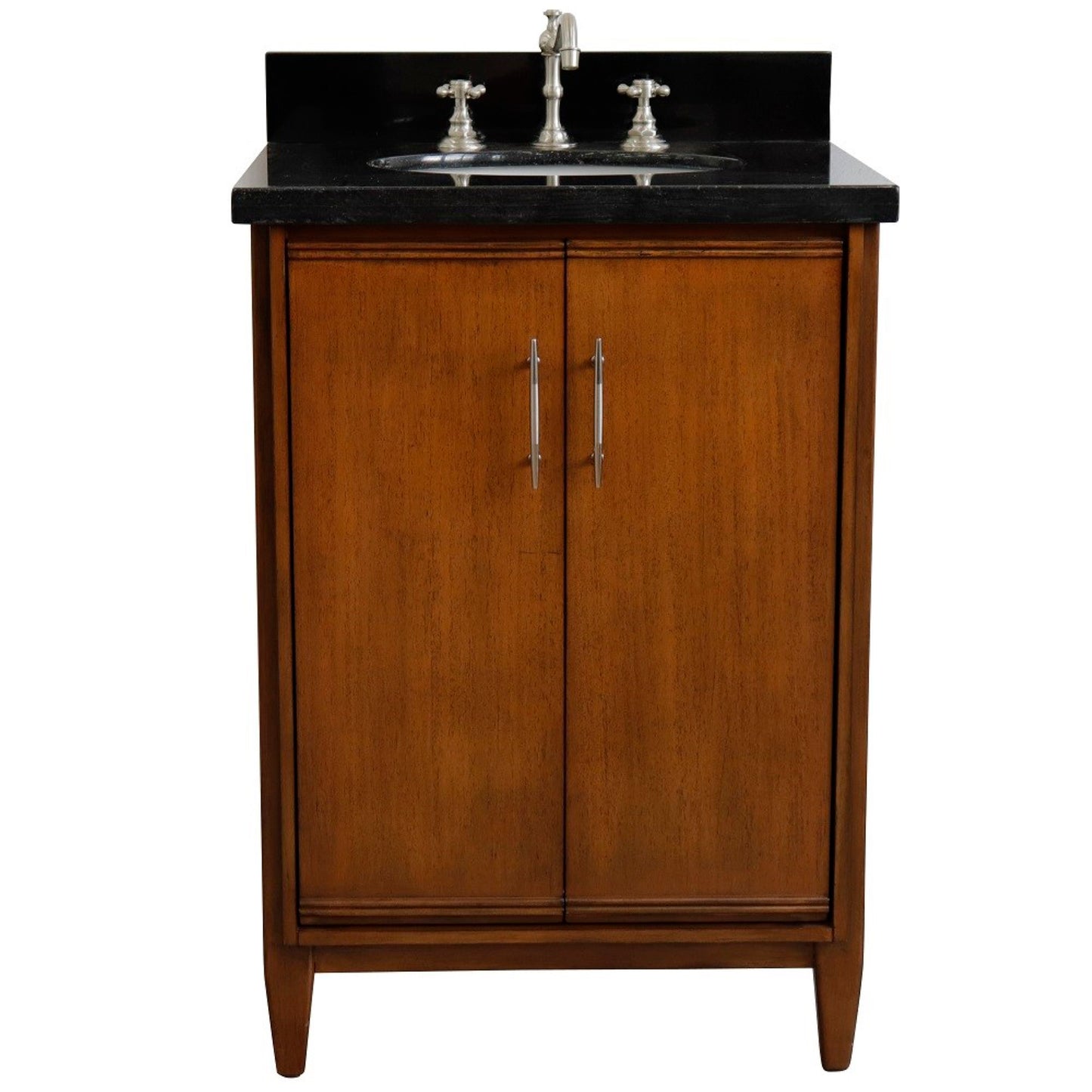 25" Single sink vanity in Walnut finish with Black galaxy granite and oval sink