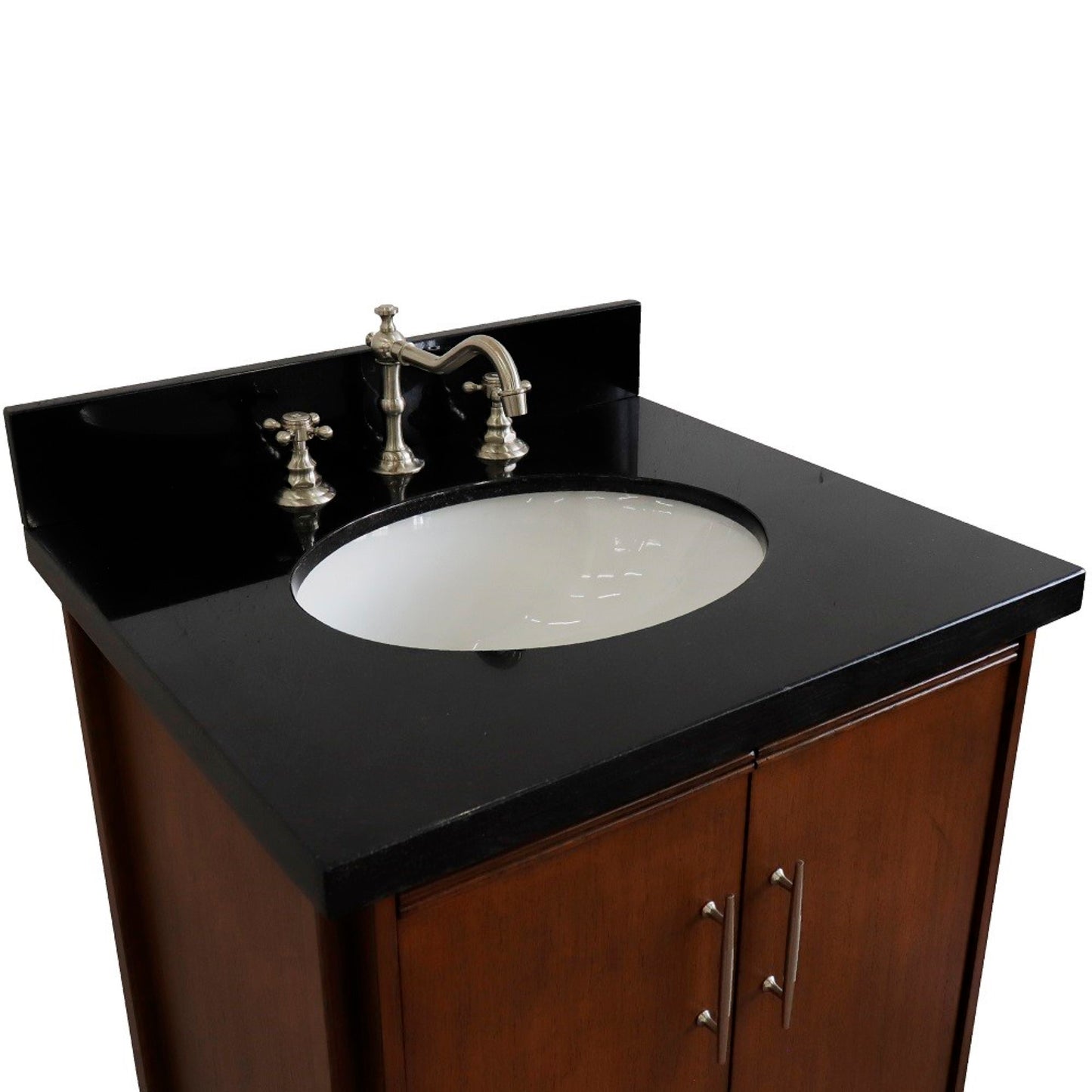 25" Single sink vanity in Walnut finish with Black galaxy granite and oval sink