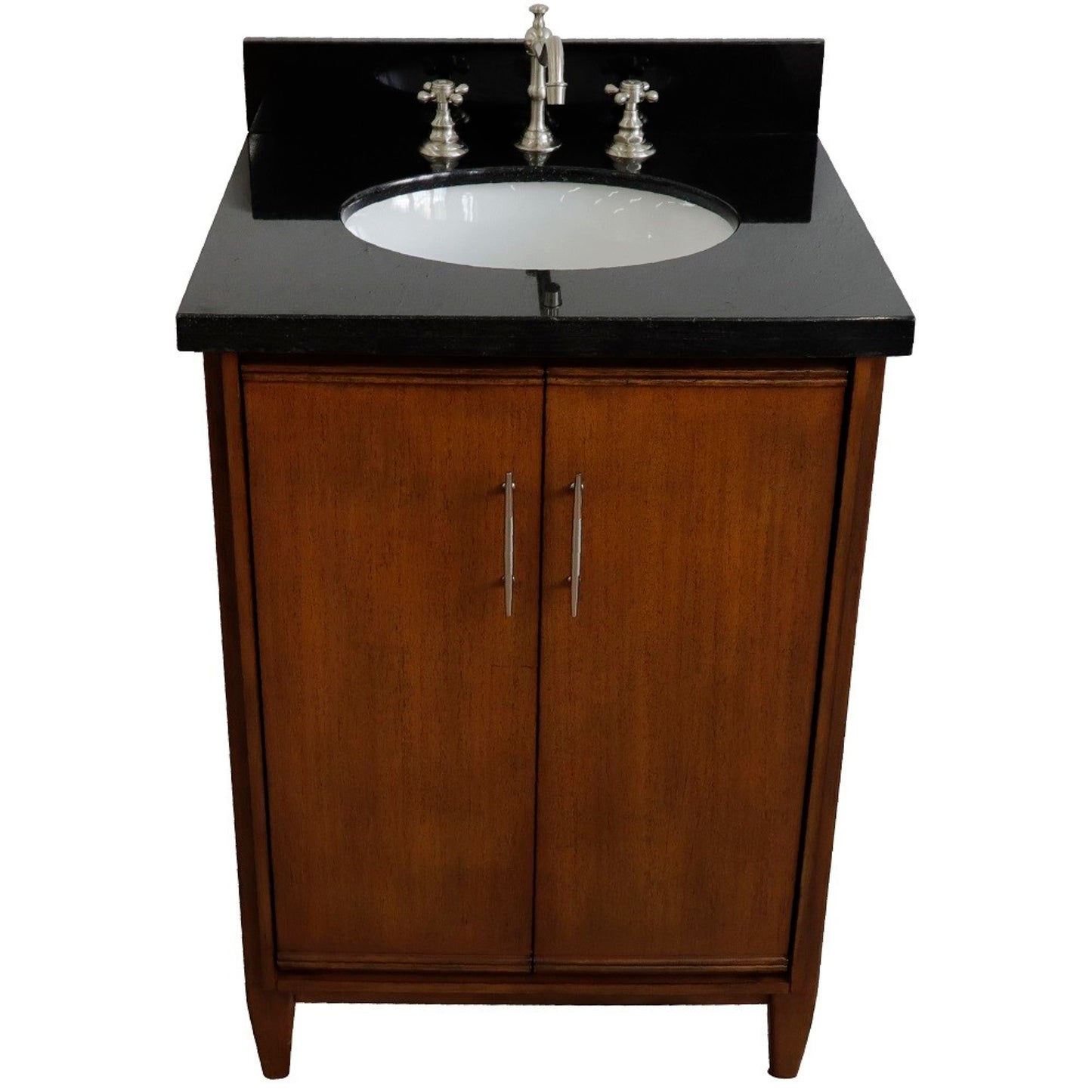 25" Single sink vanity in Walnut finish with Black galaxy granite and oval sink