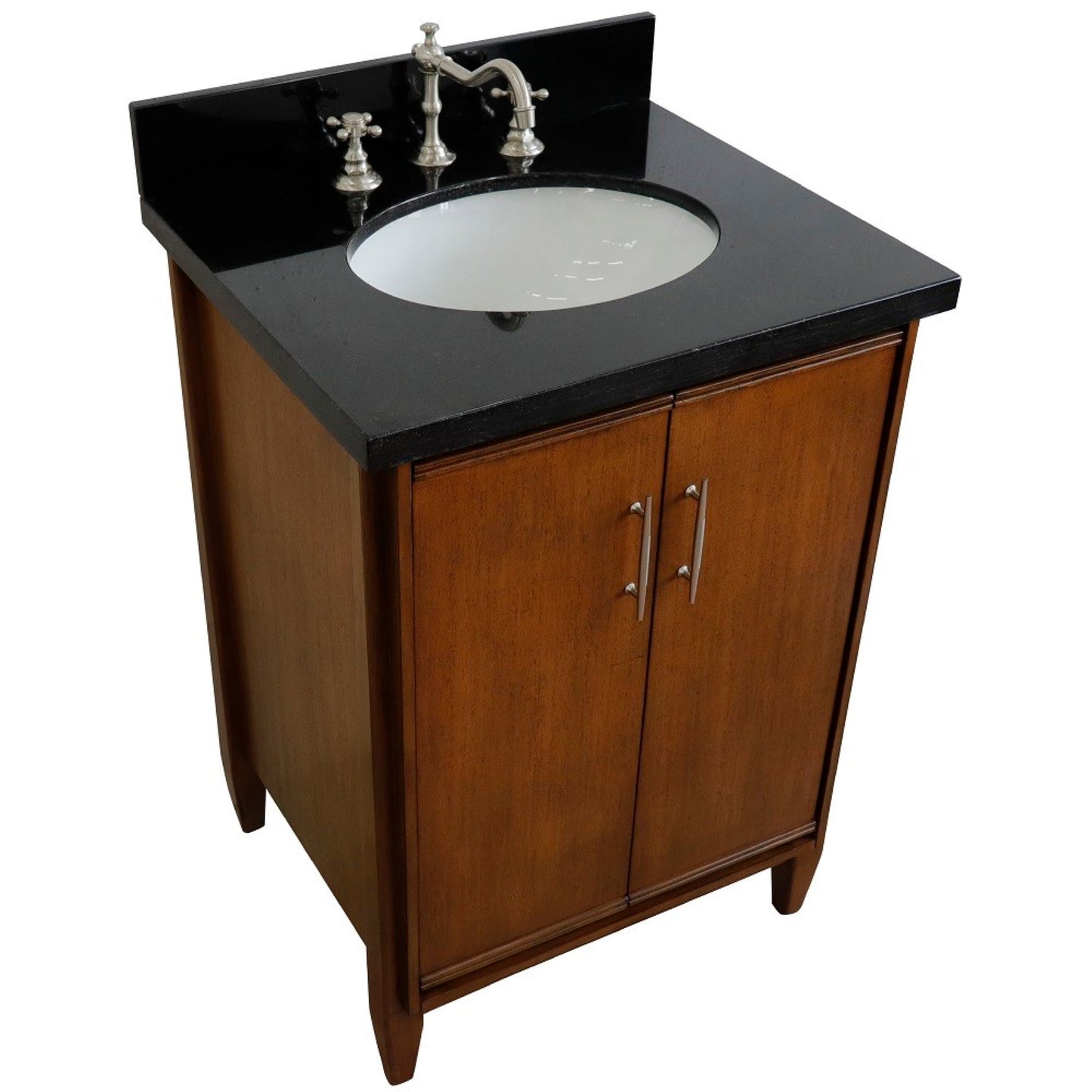 25" Single sink vanity in Walnut finish with Black galaxy granite and oval sink
