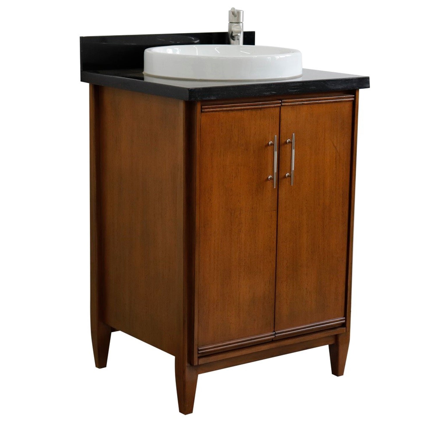 25" Single sink vanity in Walnut finish with Black galaxy granite and round sink