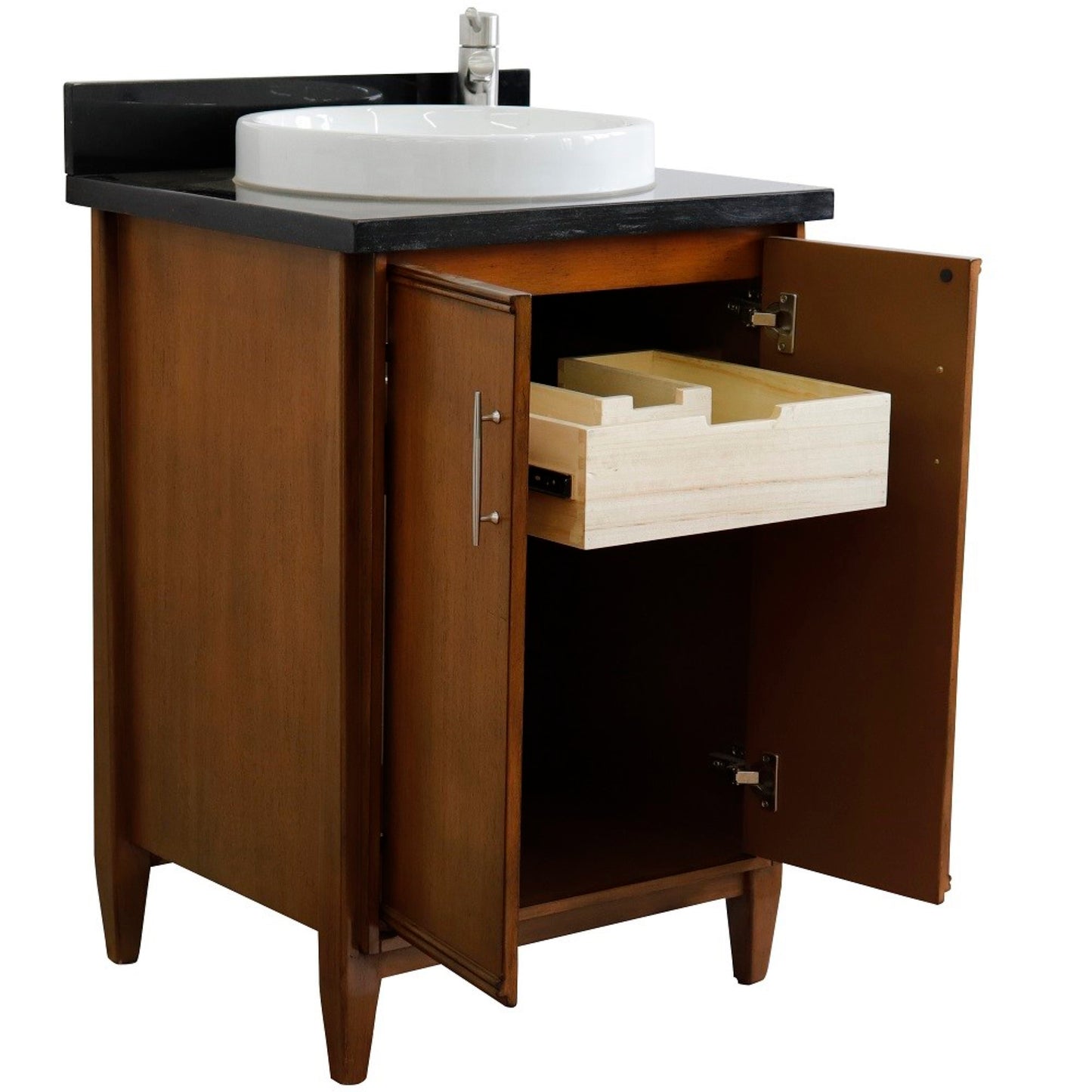 25" Single sink vanity in Walnut finish with Black galaxy granite and round sink