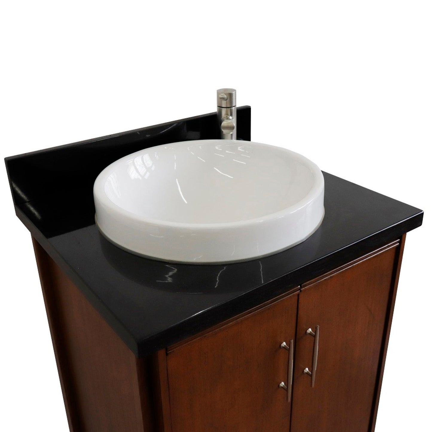 25" Single sink vanity in Walnut finish with Black galaxy granite and round sink