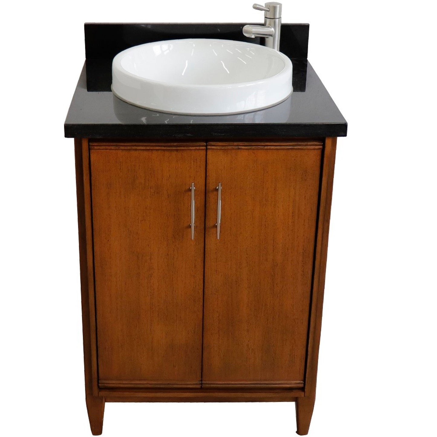25" Single sink vanity in Walnut finish with Black galaxy granite and round sink