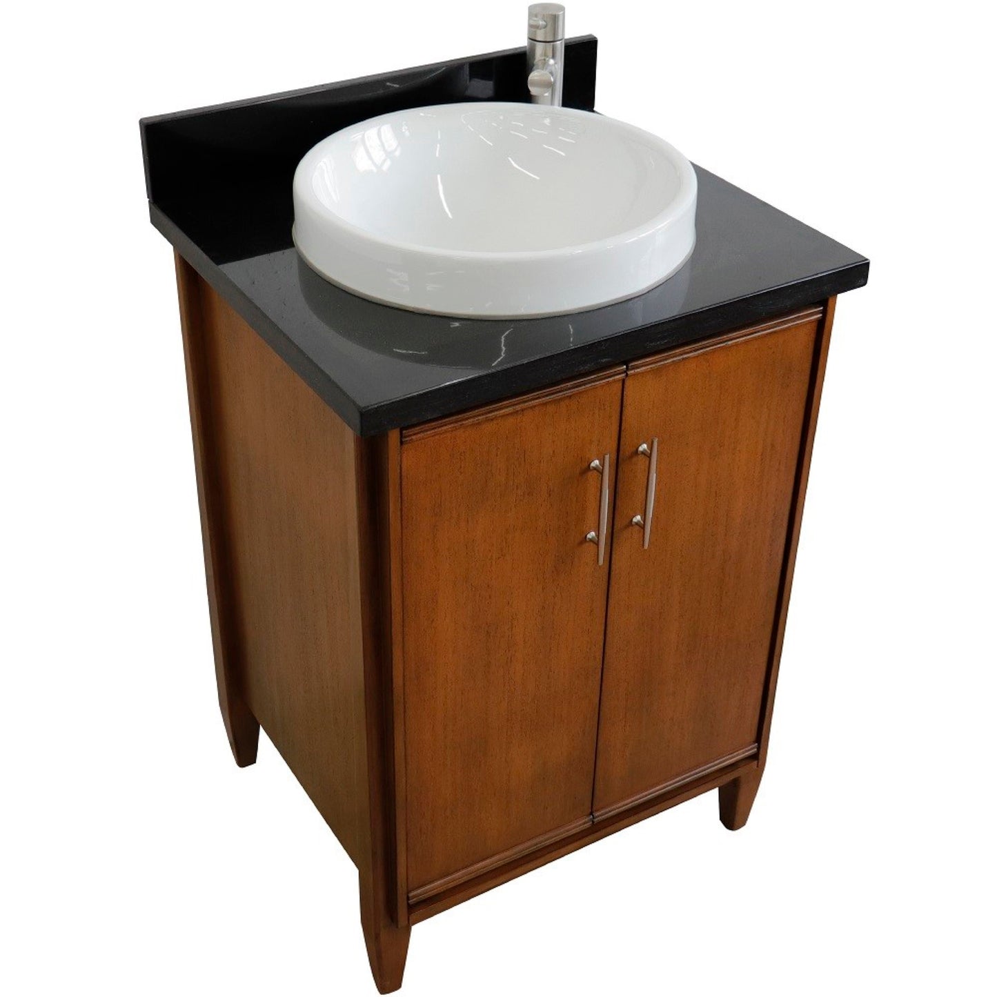 25" Single sink vanity in Walnut finish with Black galaxy granite and round sink