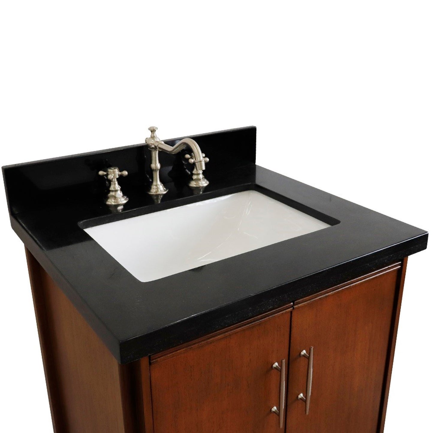 25" Single sink vanity in Walnut finish with Black galaxy granite and rectangle sink