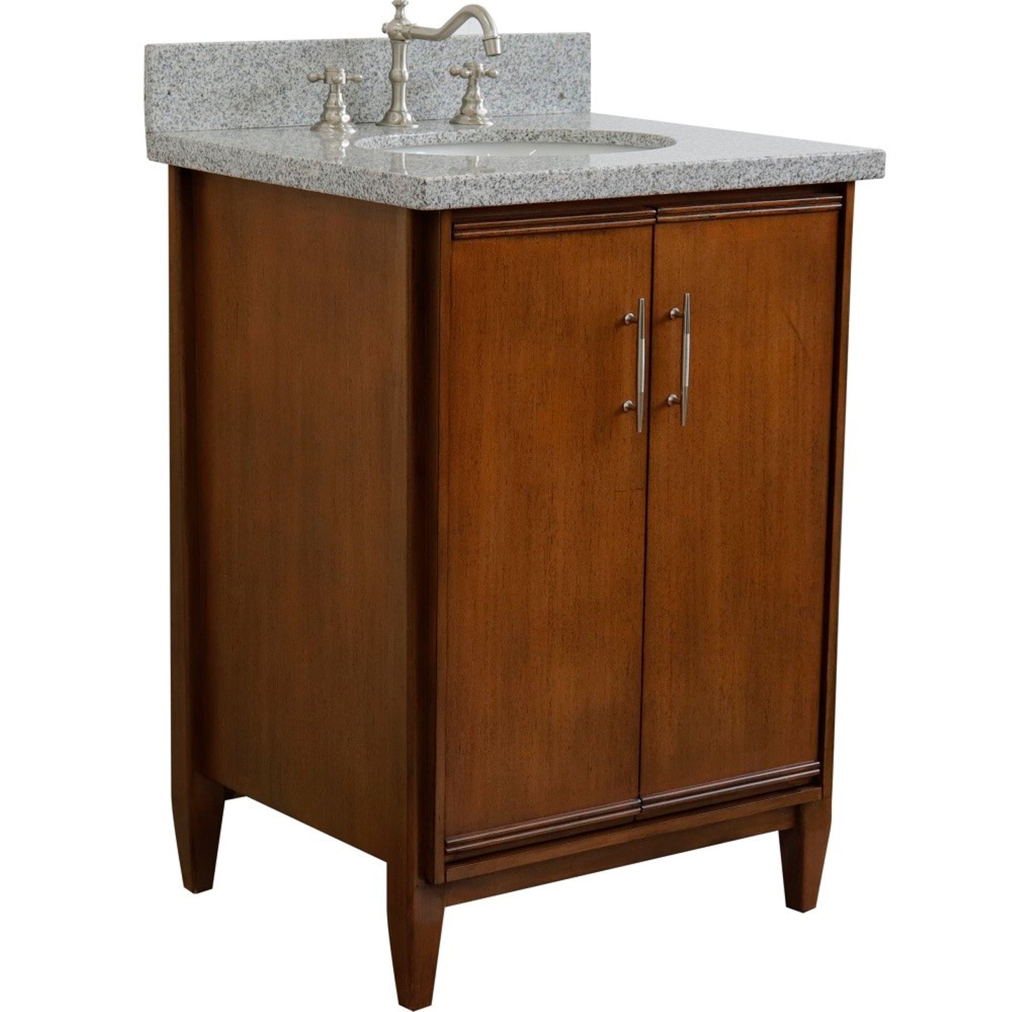 25" Single sink vanity in Walnut finish with Gray granite and oval sink