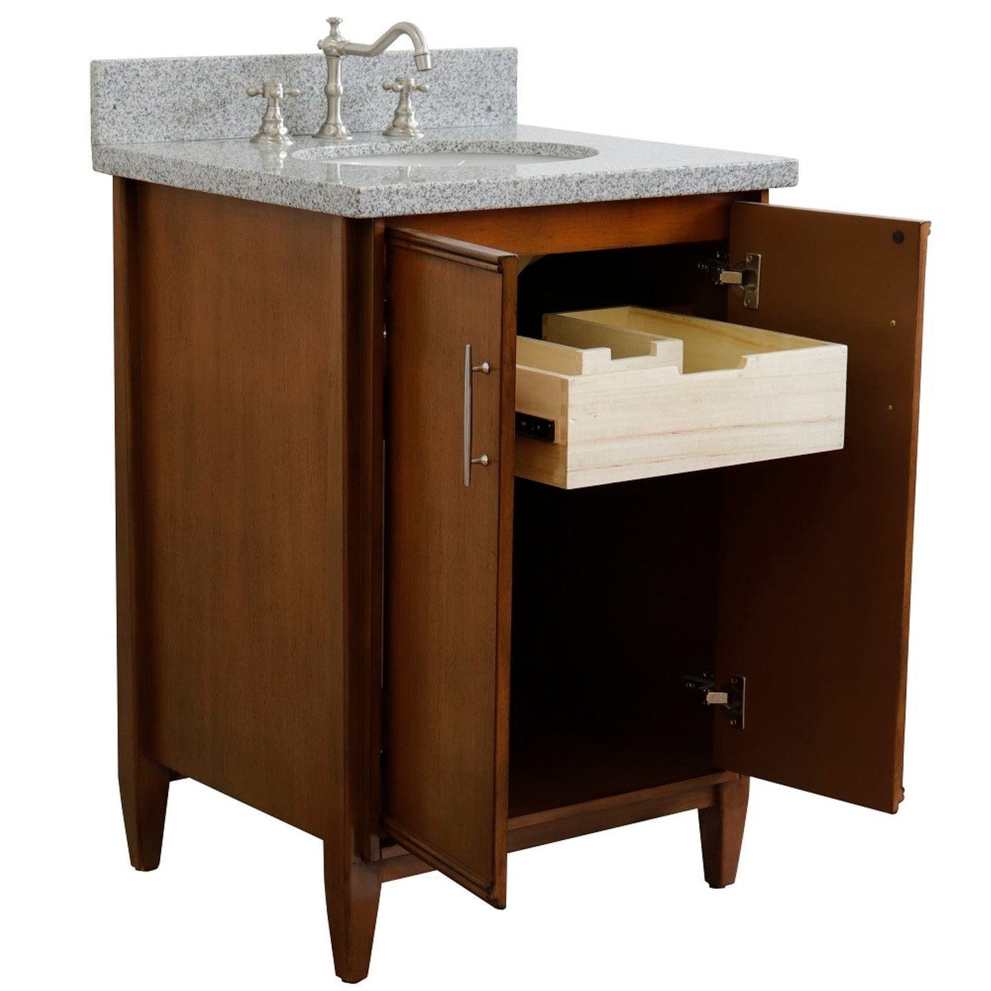 25" Single sink vanity in Walnut finish with Gray granite and oval sink