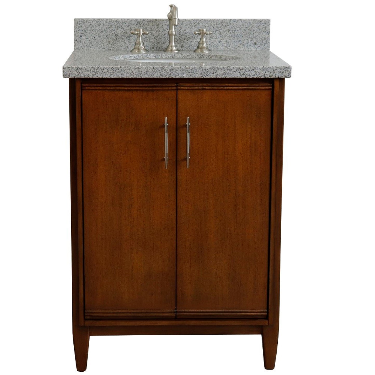 25" Single sink vanity in Walnut finish with Gray granite and oval sink