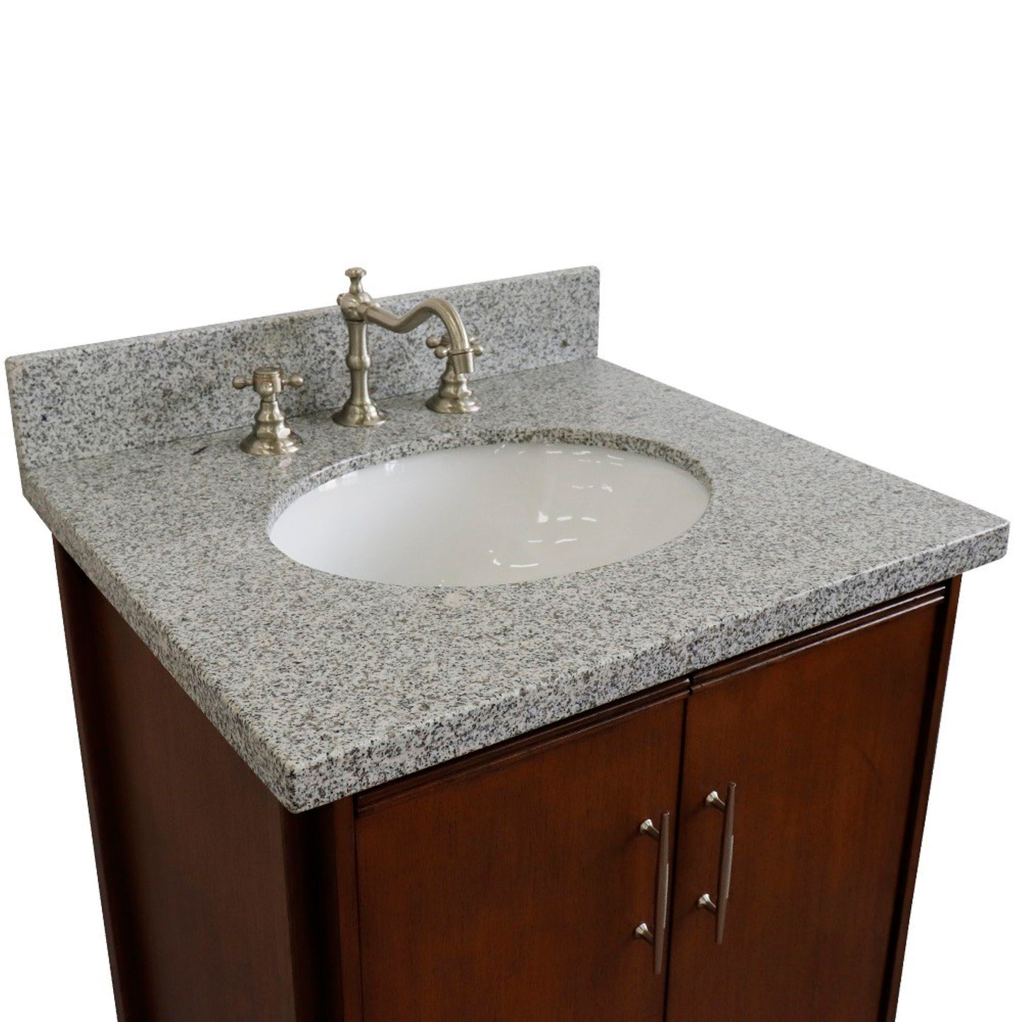 25" Single sink vanity in Walnut finish with Gray granite and oval sink
