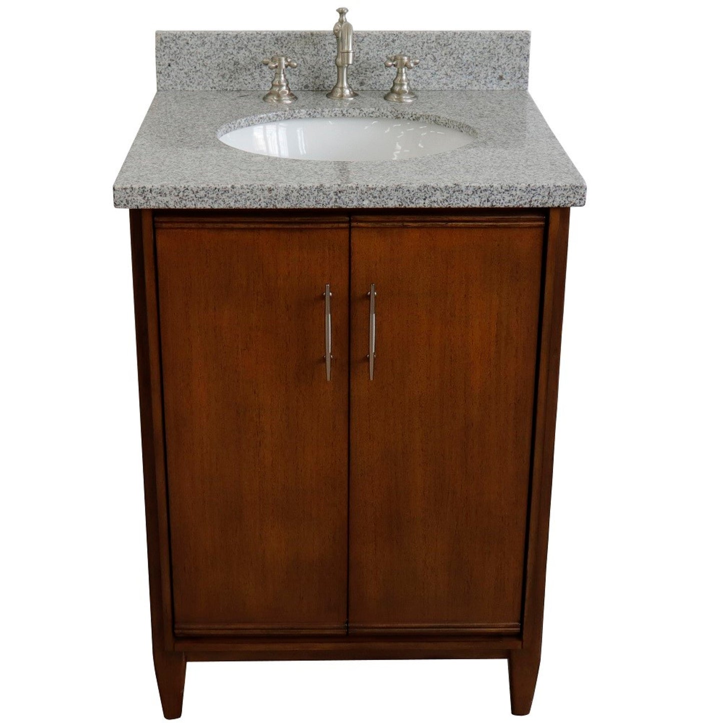25" Single sink vanity in Walnut finish with Gray granite and oval sink