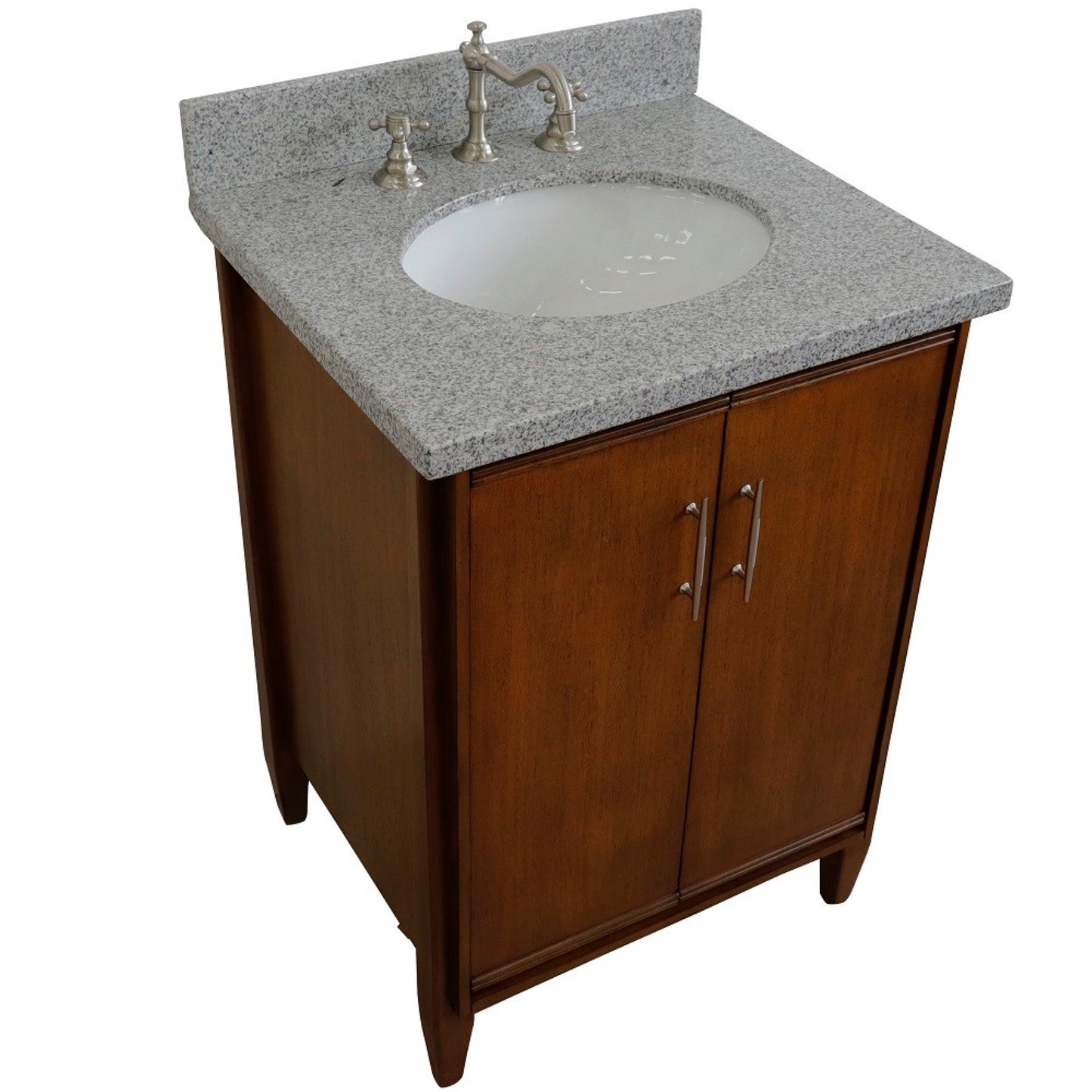 25" Single sink vanity in Walnut finish with Gray granite and oval sink