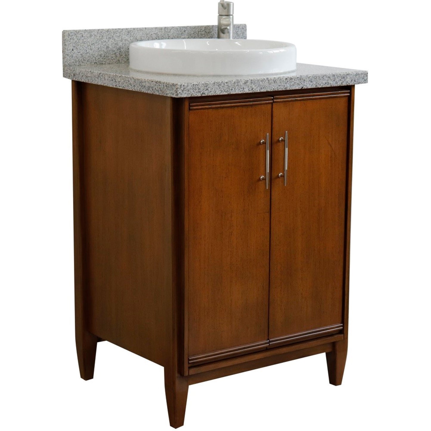 25" Single sink vanity in Walnut finish with Gray granite and round sink