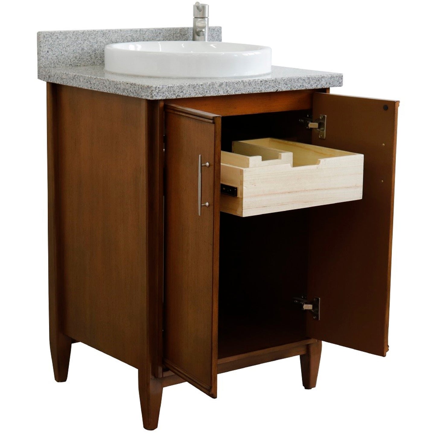 25" Single sink vanity in Walnut finish with Gray granite and round sink
