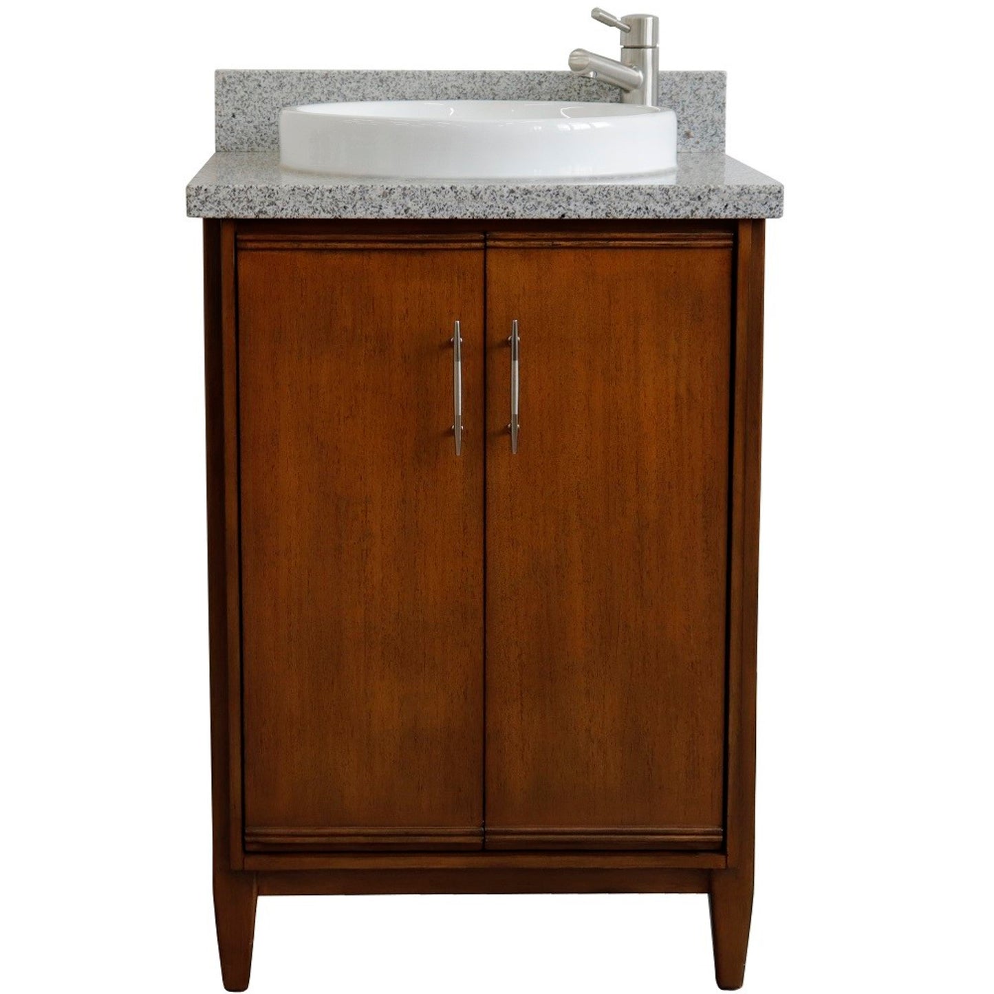 25" Single sink vanity in Walnut finish with Gray granite and round sink