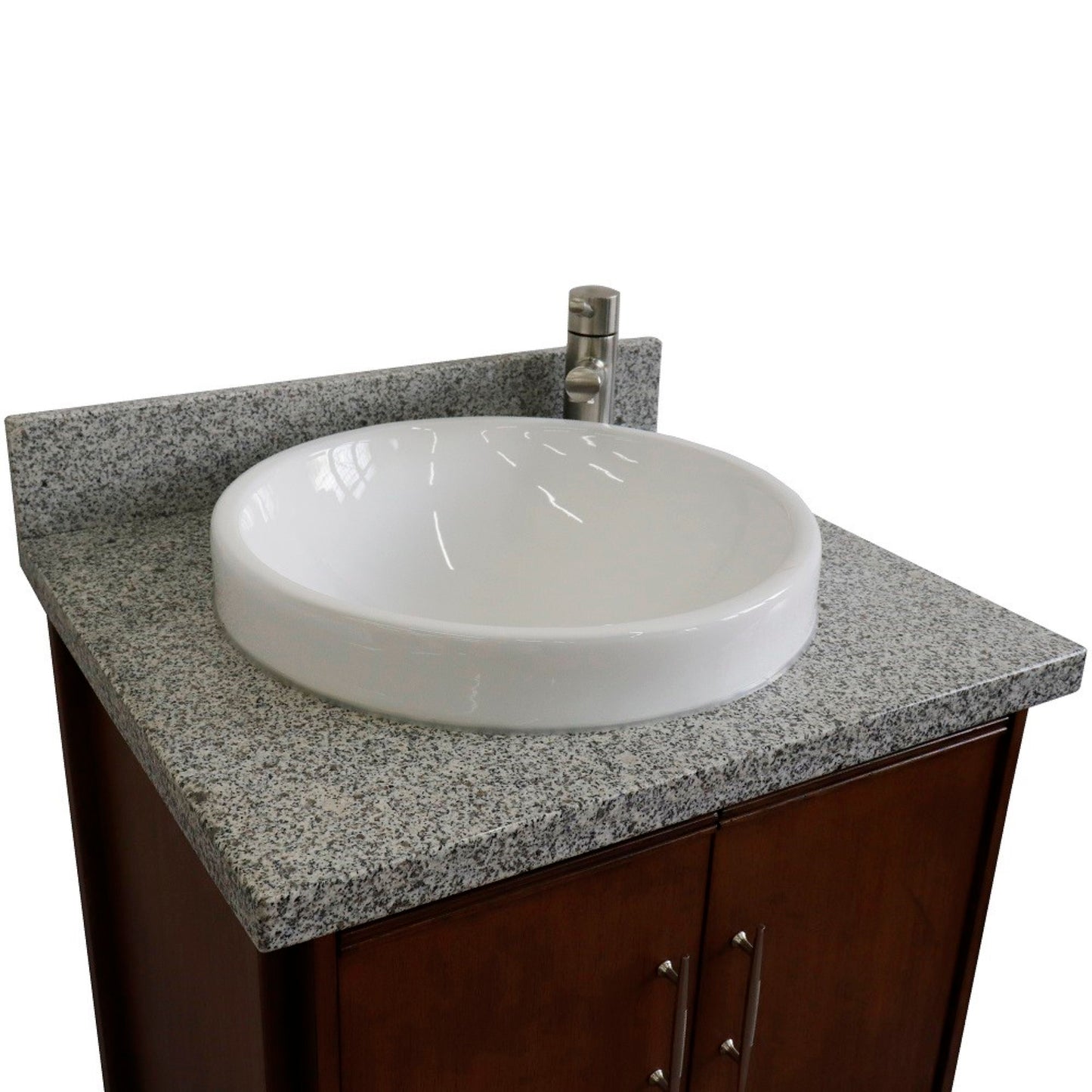 25" Single sink vanity in Walnut finish with Gray granite and round sink