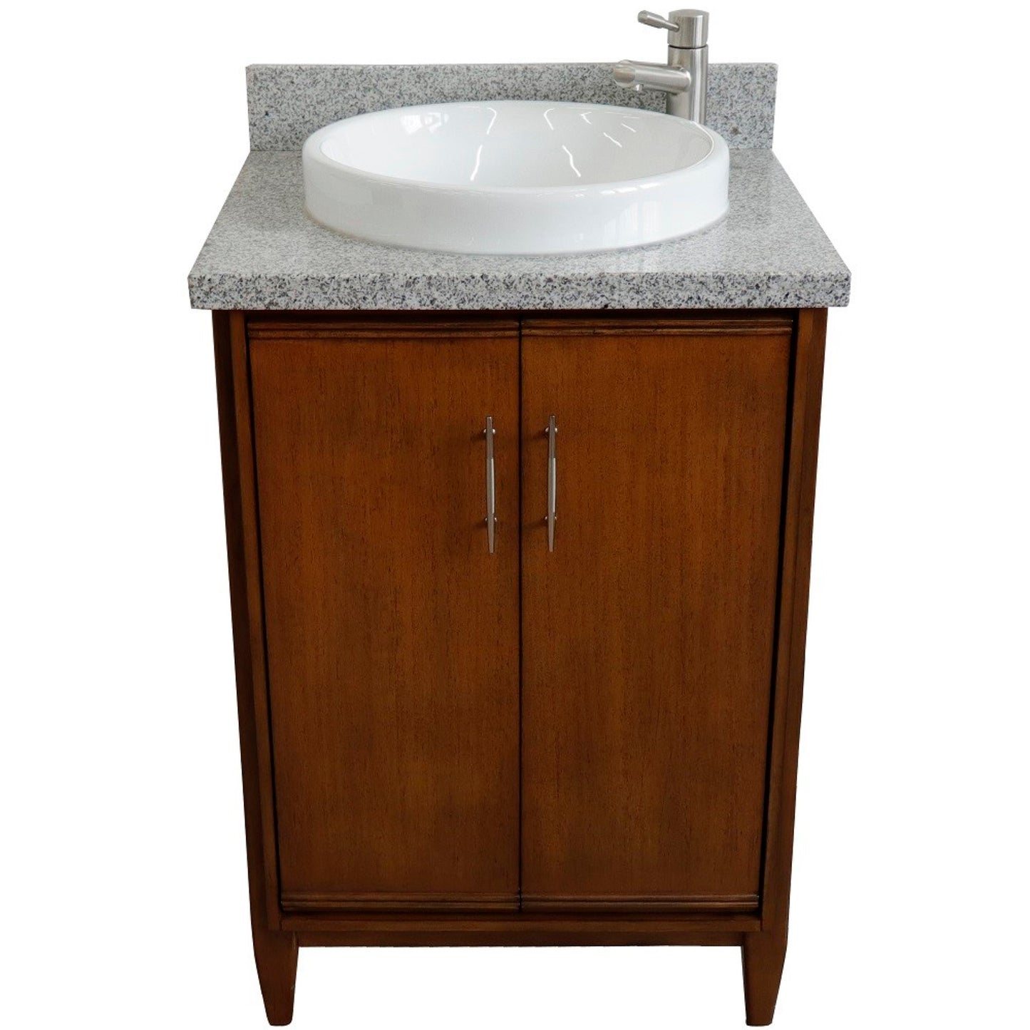 25" Single sink vanity in Walnut finish with Gray granite and round sink
