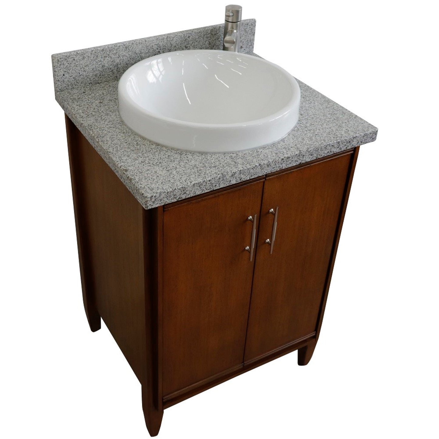 25" Single sink vanity in Walnut finish with Gray granite and round sink