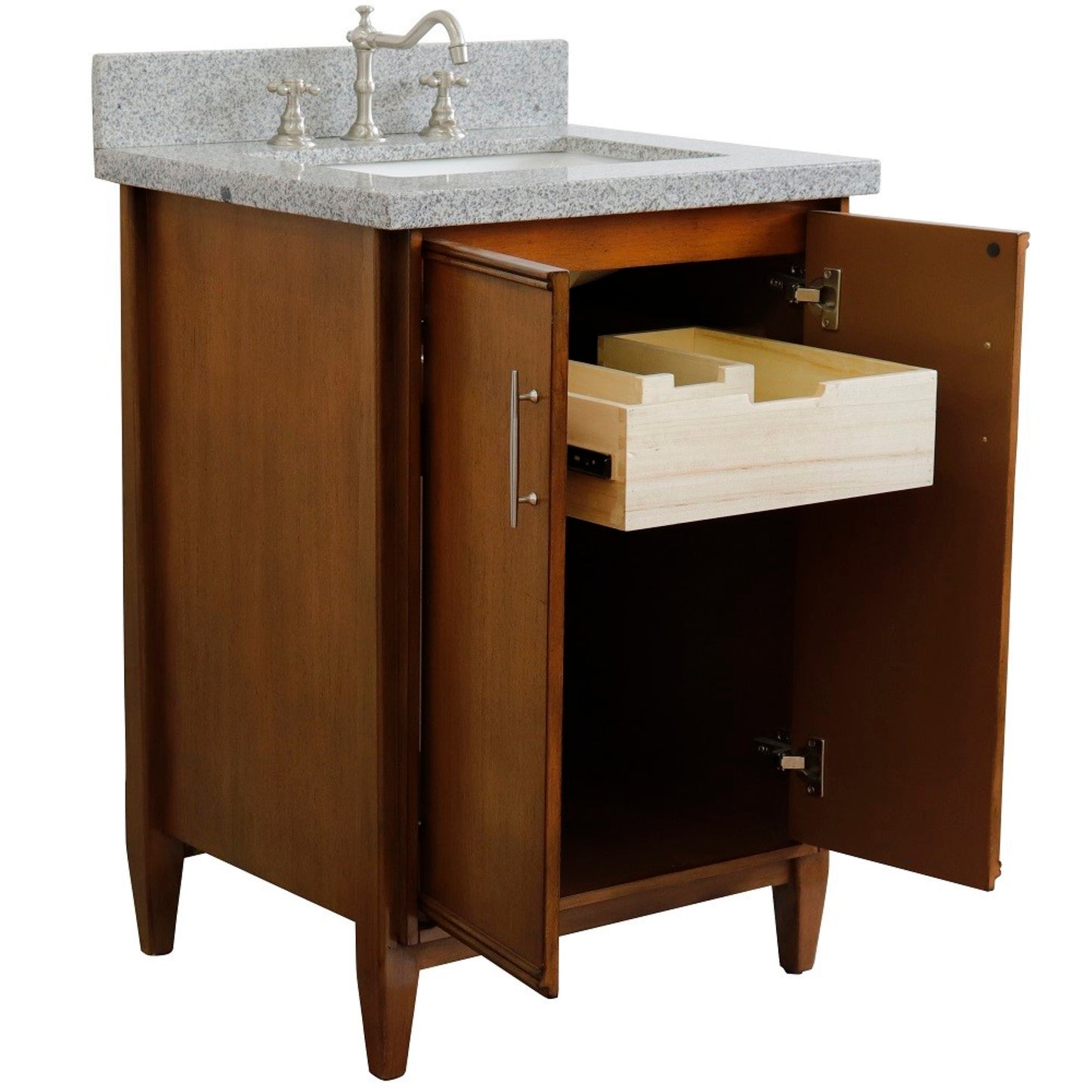 25" Single sink vanity in Walnut finish with Gray granite and rectangle sink