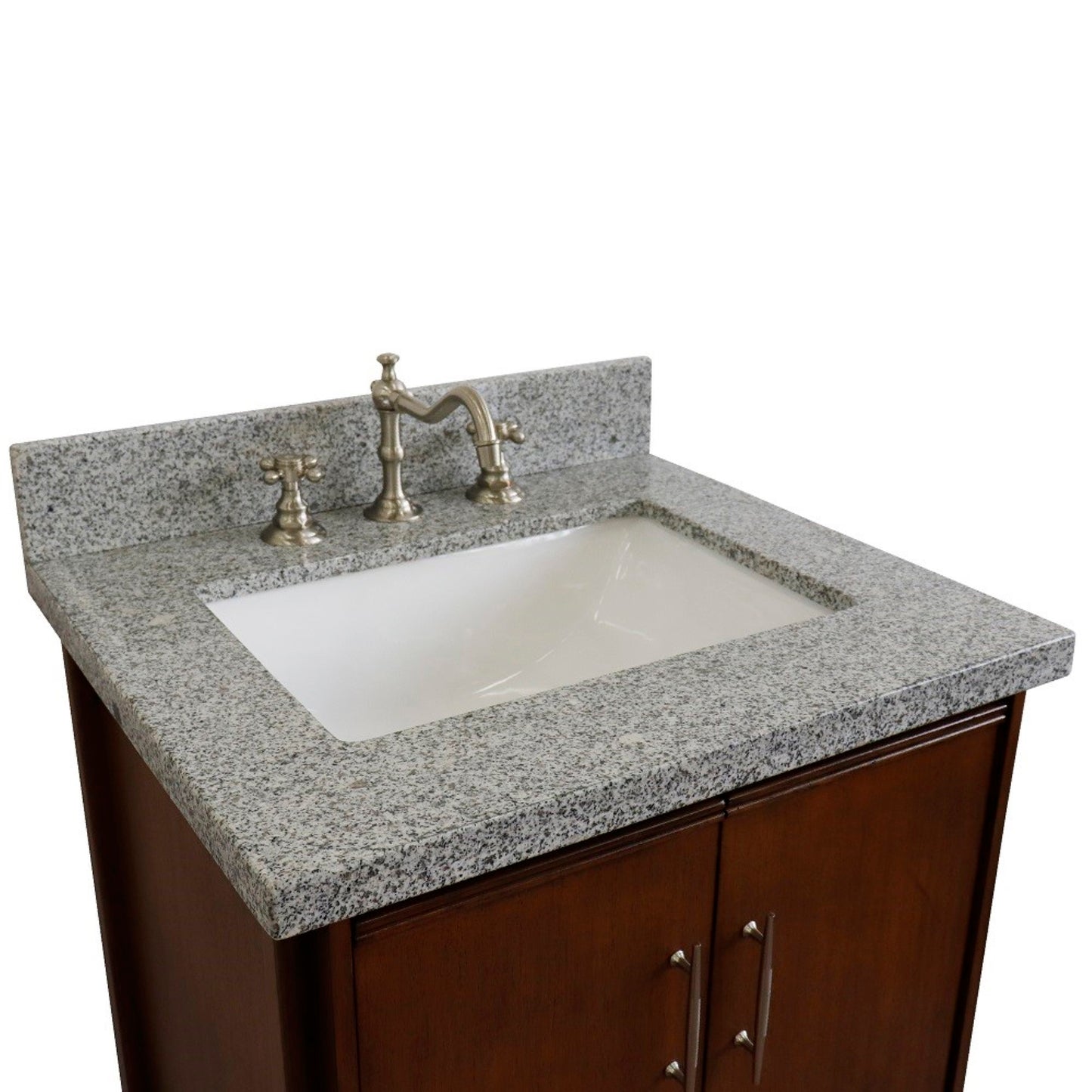 25" Single sink vanity in Walnut finish with Gray granite and rectangle sink