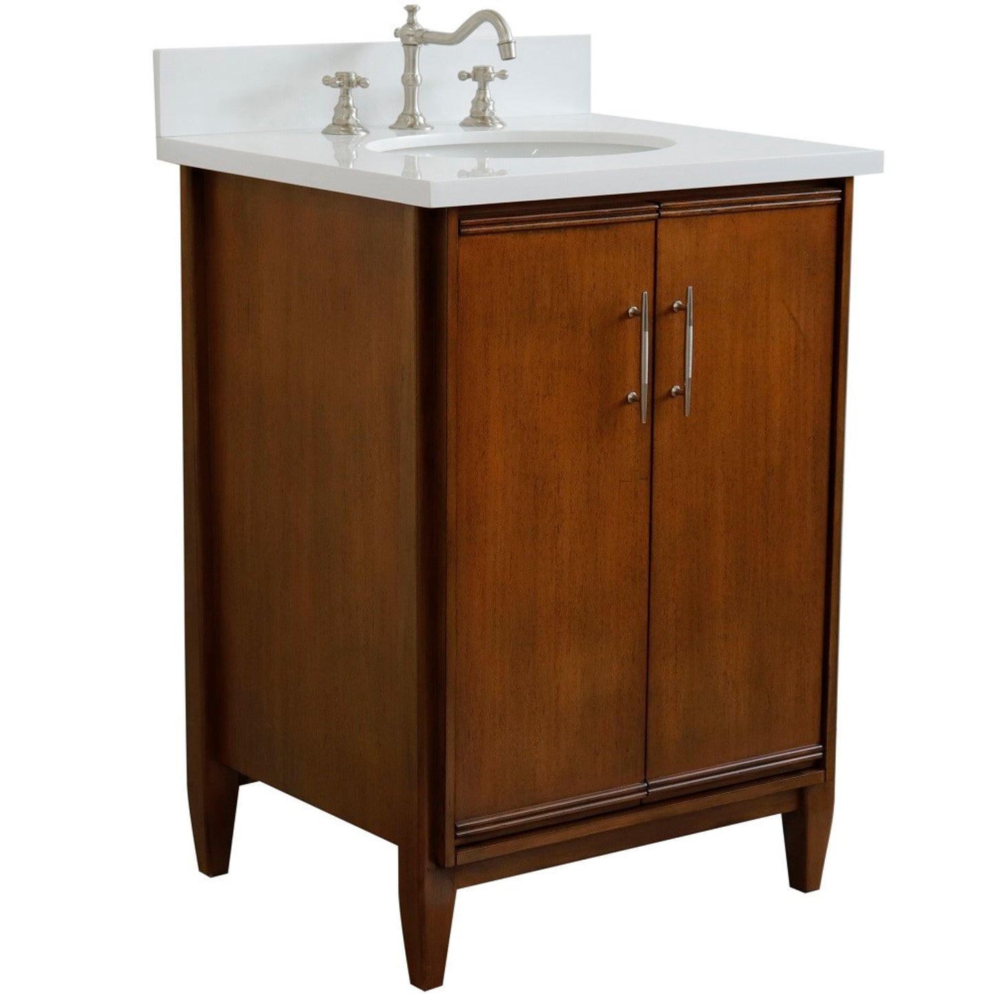 25" Single sink vanity in Walnut finish with White engineered stone and oval sink
