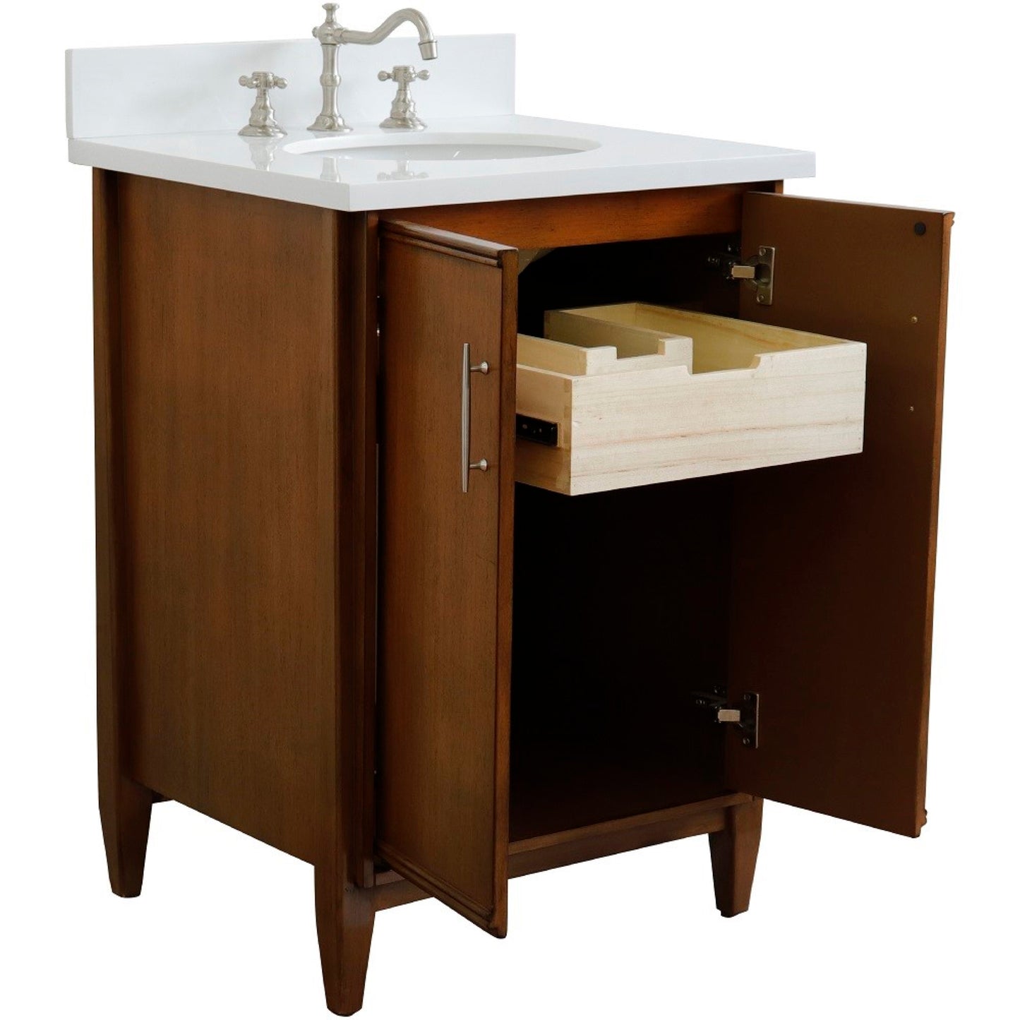 25" Single sink vanity in Walnut finish with White engineered stone and oval sink