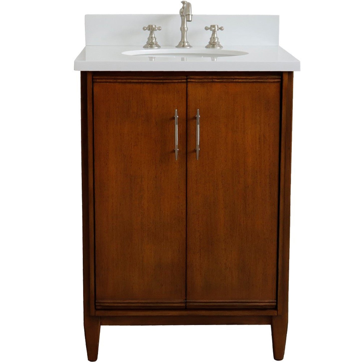 25" Single sink vanity in Walnut finish with White engineered stone and oval sink