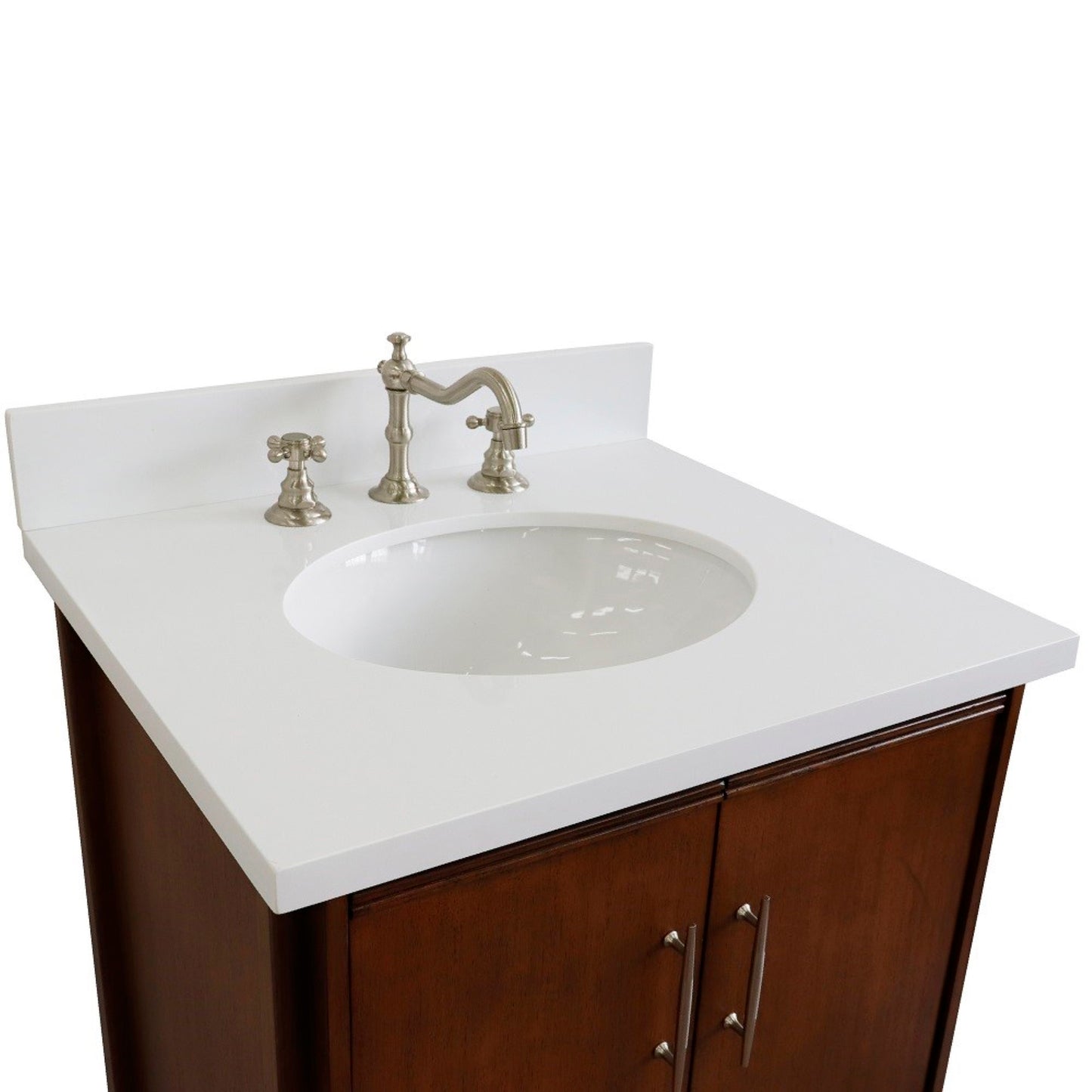 25" Single sink vanity in Walnut finish with White engineered stone and oval sink