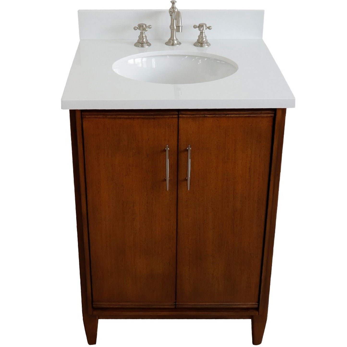 25" Single sink vanity in Walnut finish with White engineered stone and oval sink