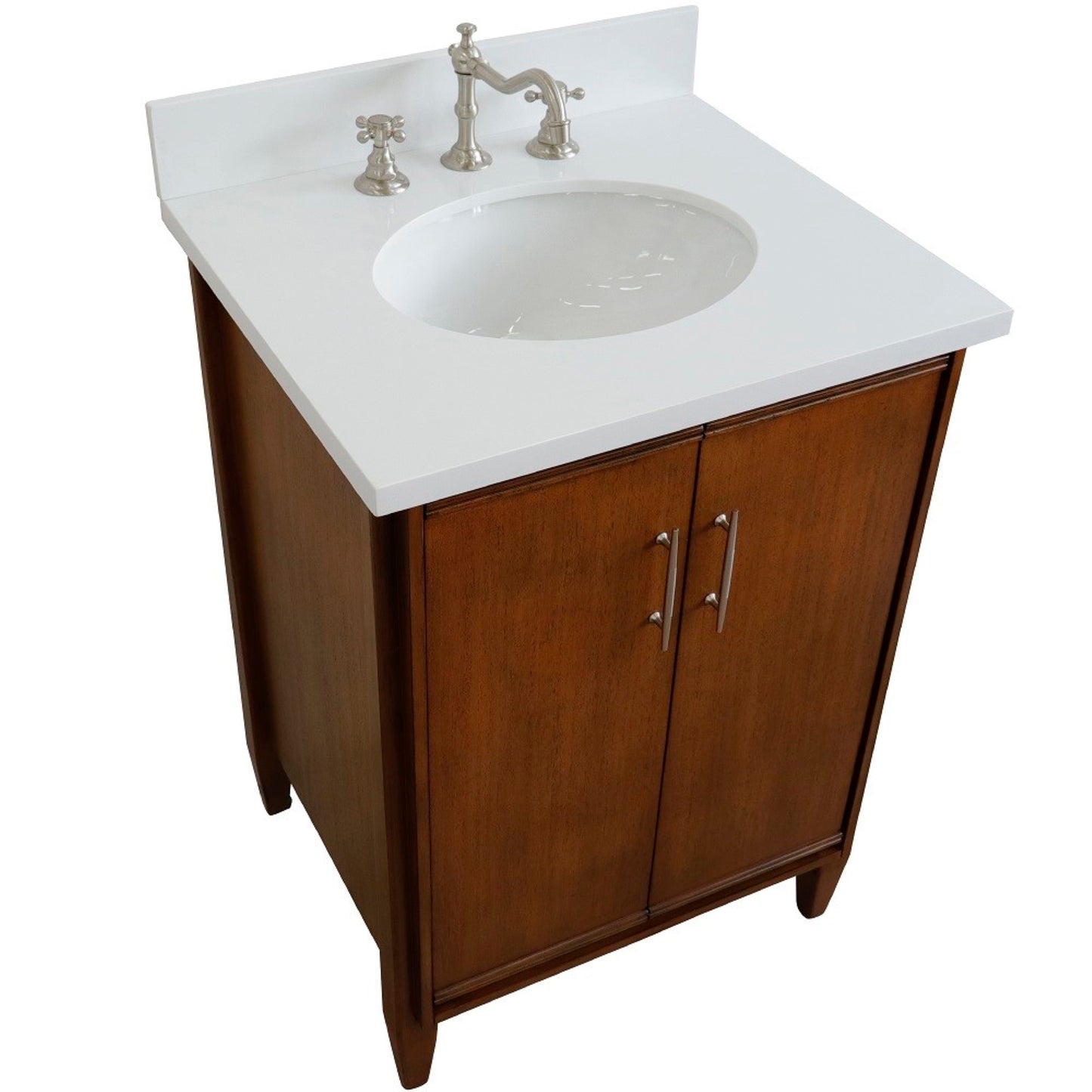 25" Single sink vanity in Walnut finish with White engineered stone and oval sink