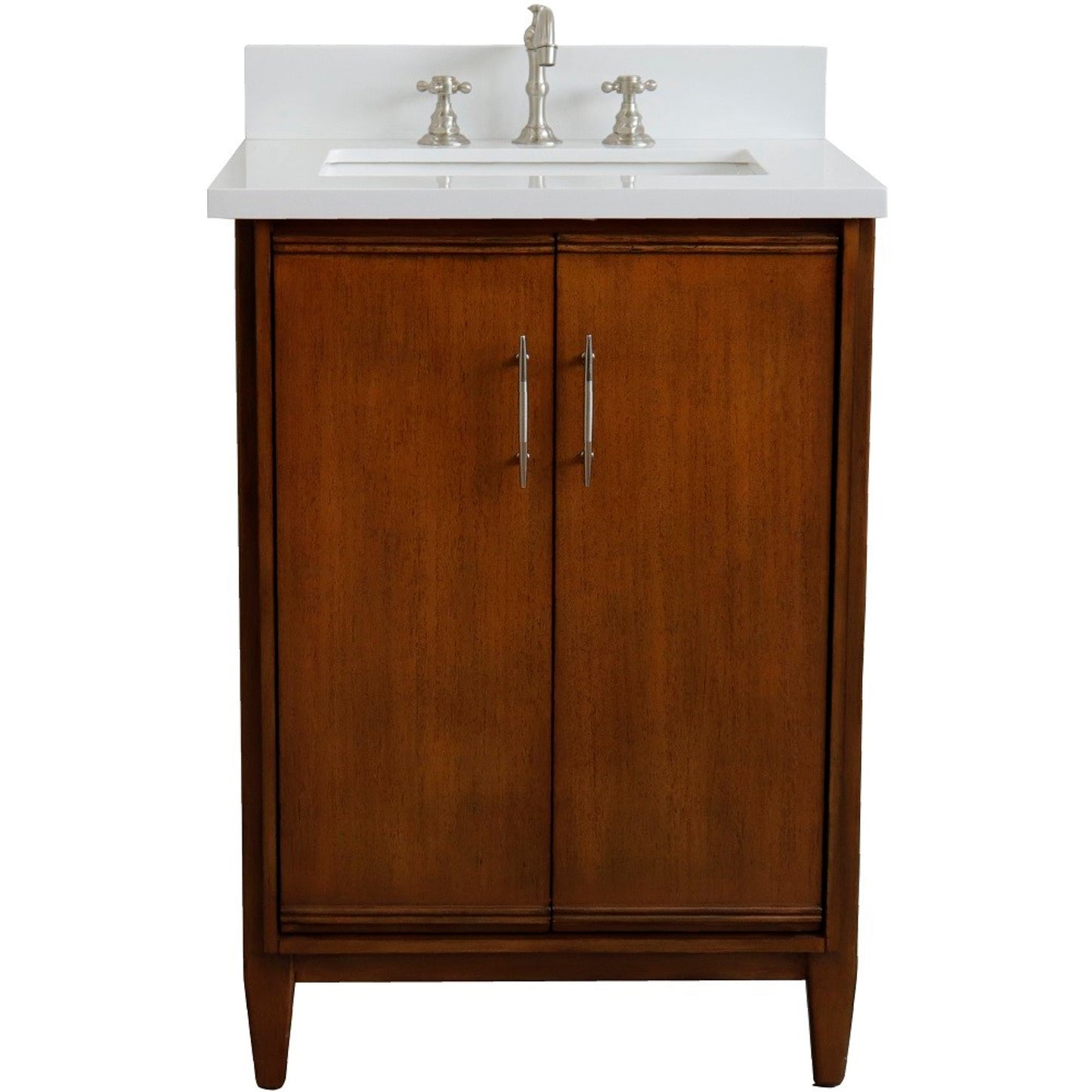 25" Single sink vanity in Walnut finish with White engineered stone and rectangle sink