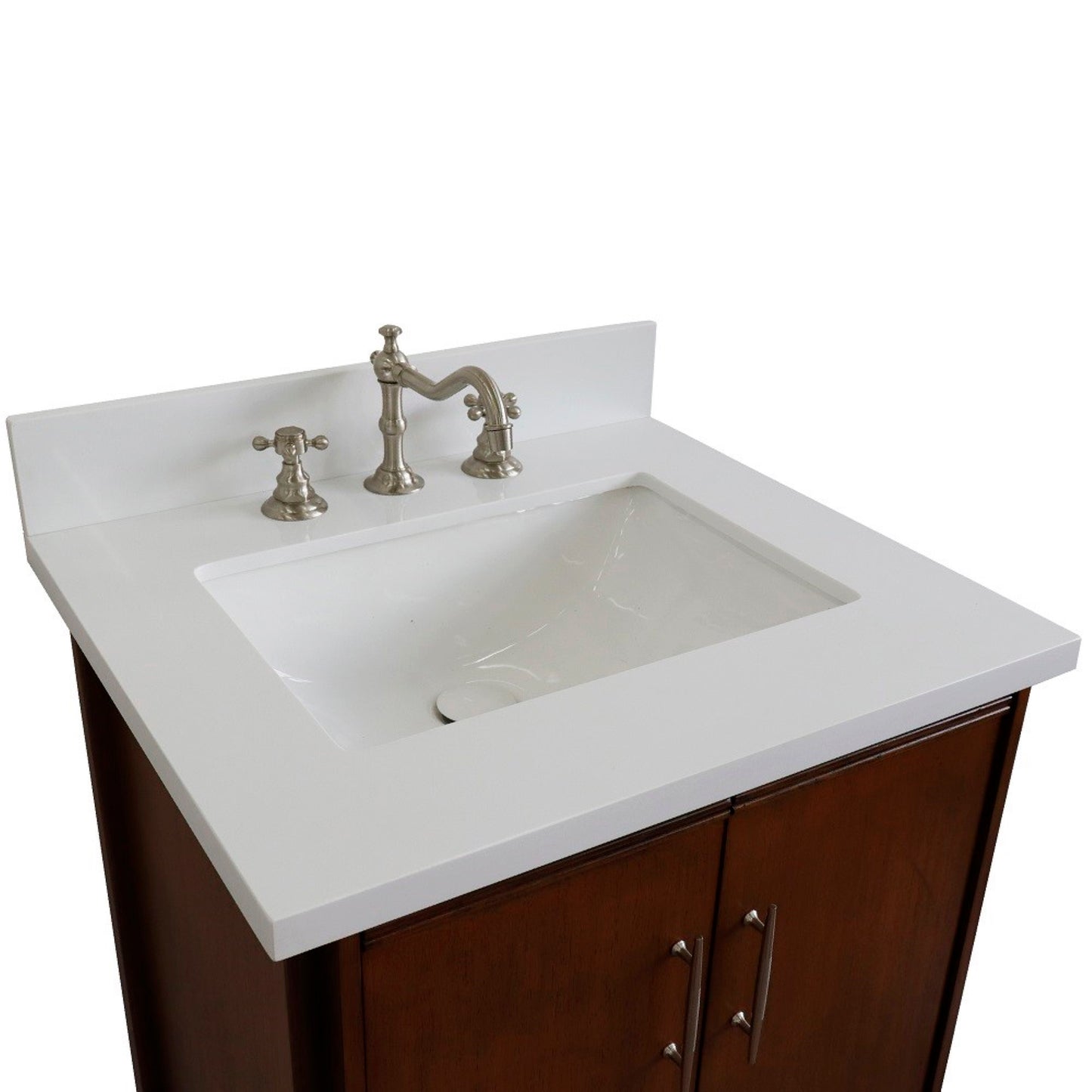25" Single sink vanity in Walnut finish with White engineered stone and rectangle sink