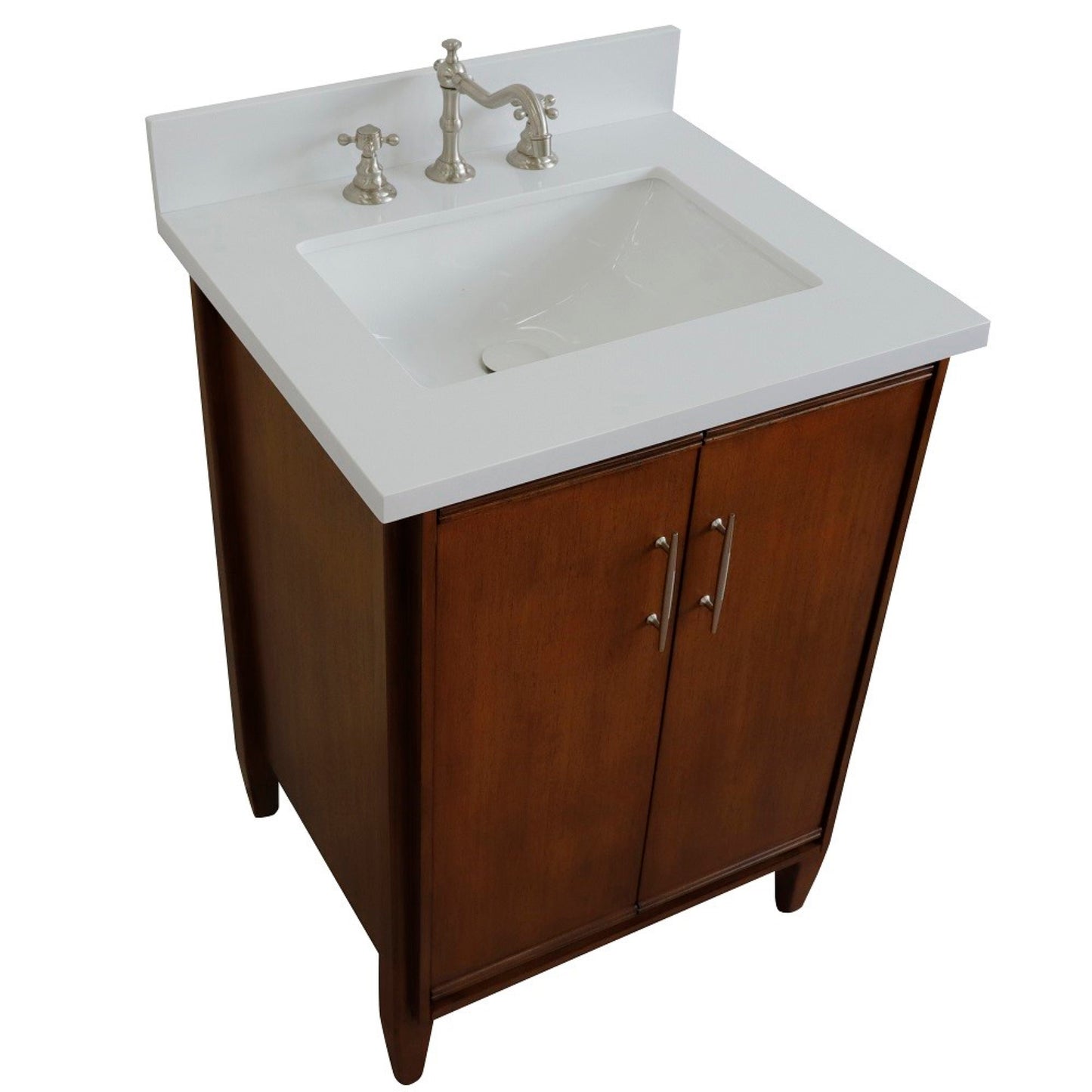 25" Single sink vanity in Walnut finish with White engineered stone and rectangle sink