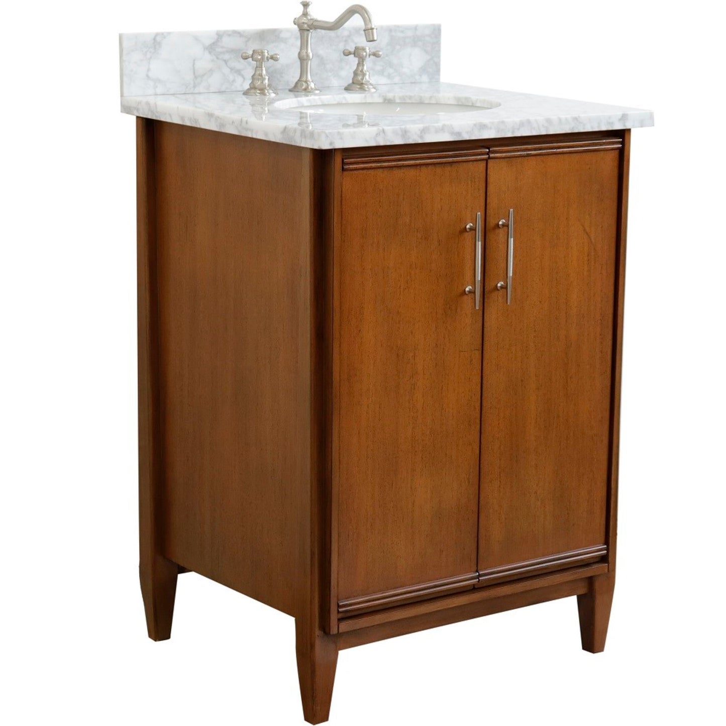 25" Single sink vanity in Walnut finish with White Carrara marble and oval sink